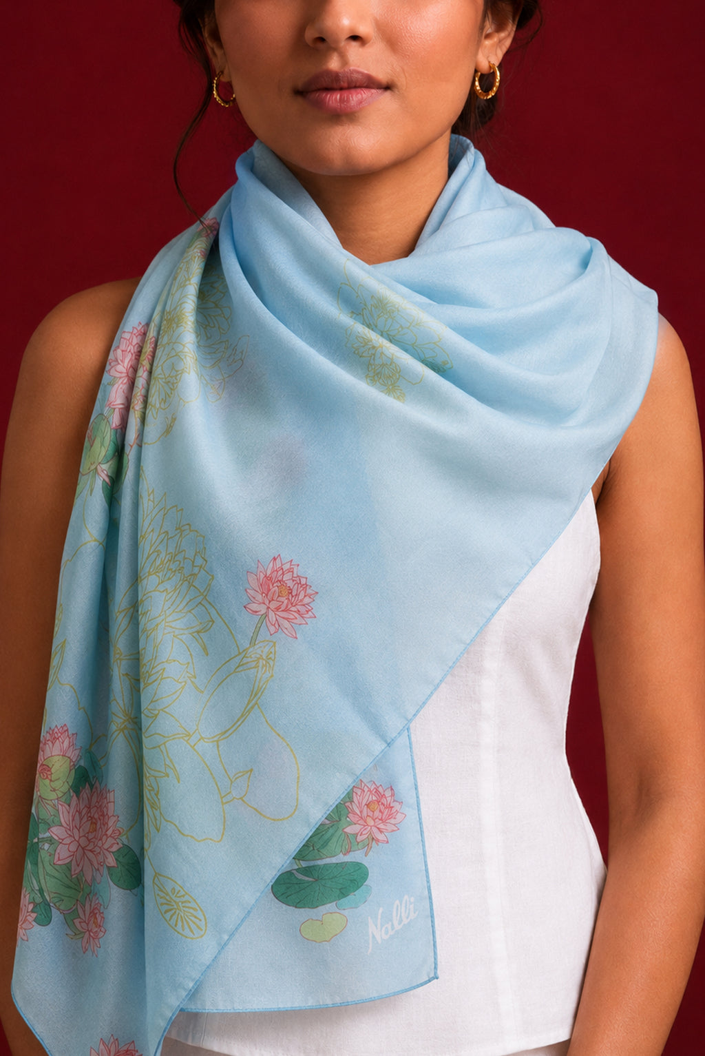 Blue Satin Crepe Saree with Printed design on the body and Without Border