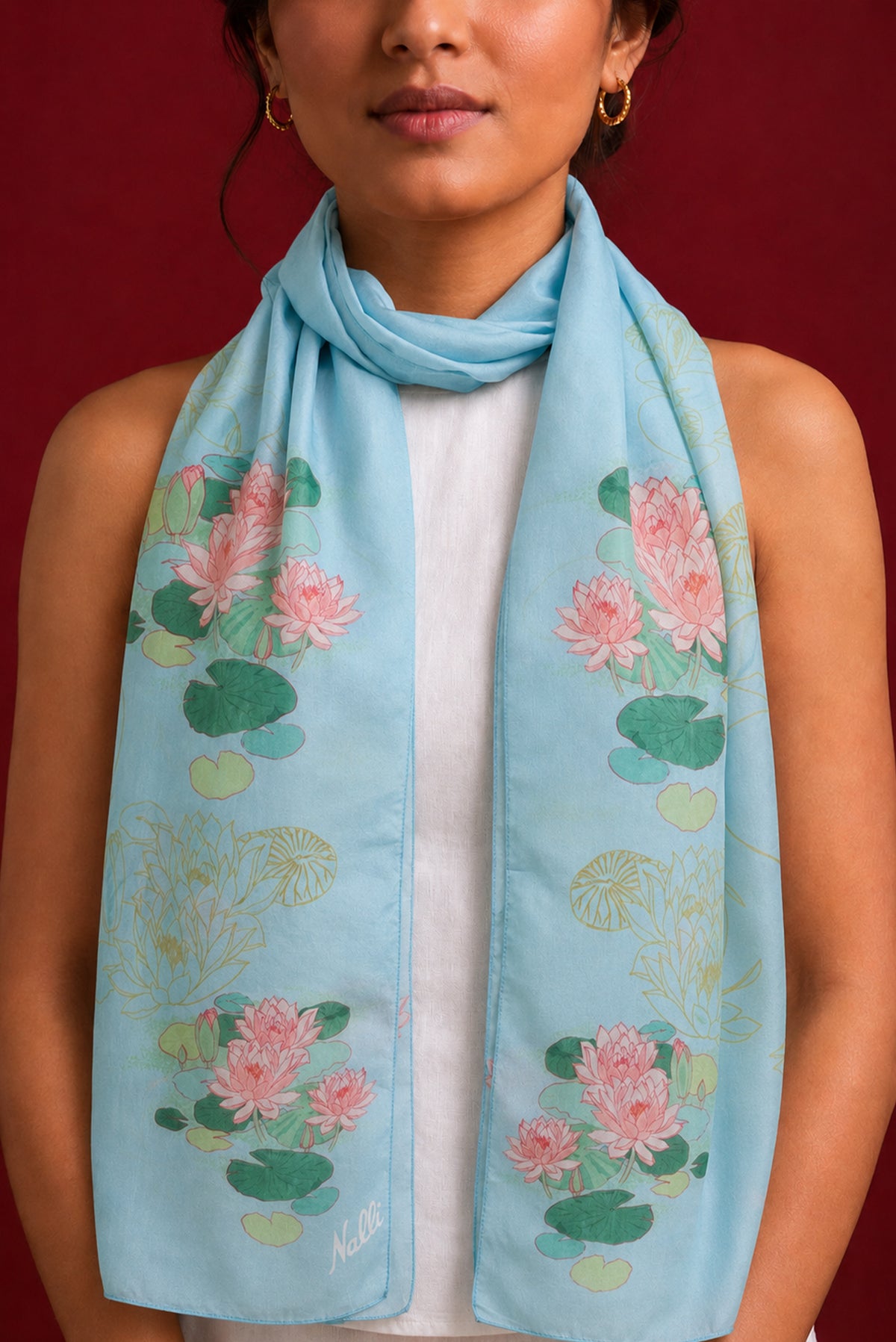 Blue Satin Crepe Saree with Printed design on the body and Without Border