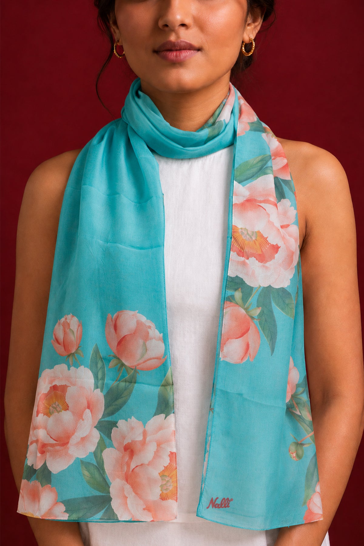 Blue Satin Silk Saree with Printed design on the body and Without Border