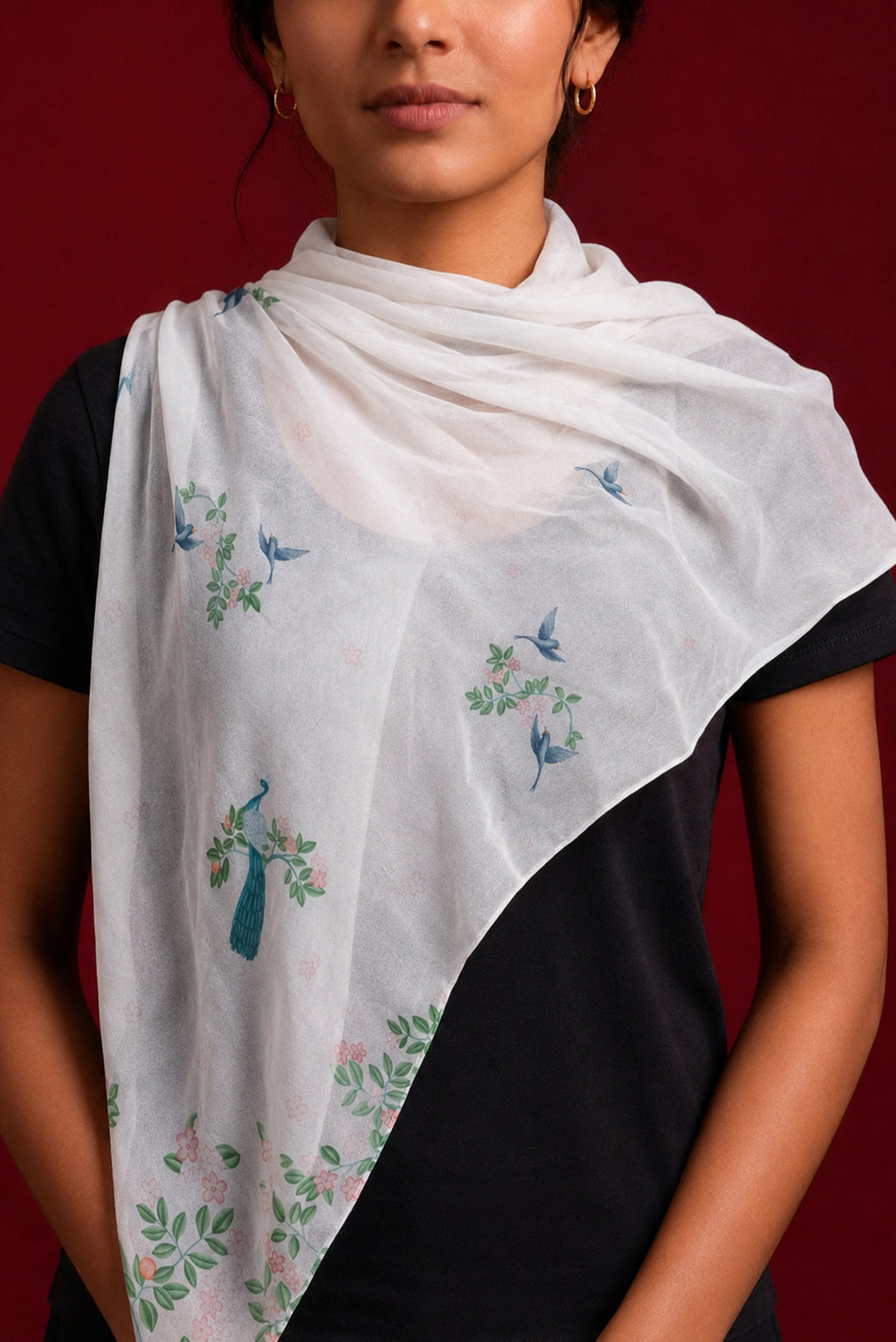 White Satin Silk Saree with Printed design on the body and Without Border