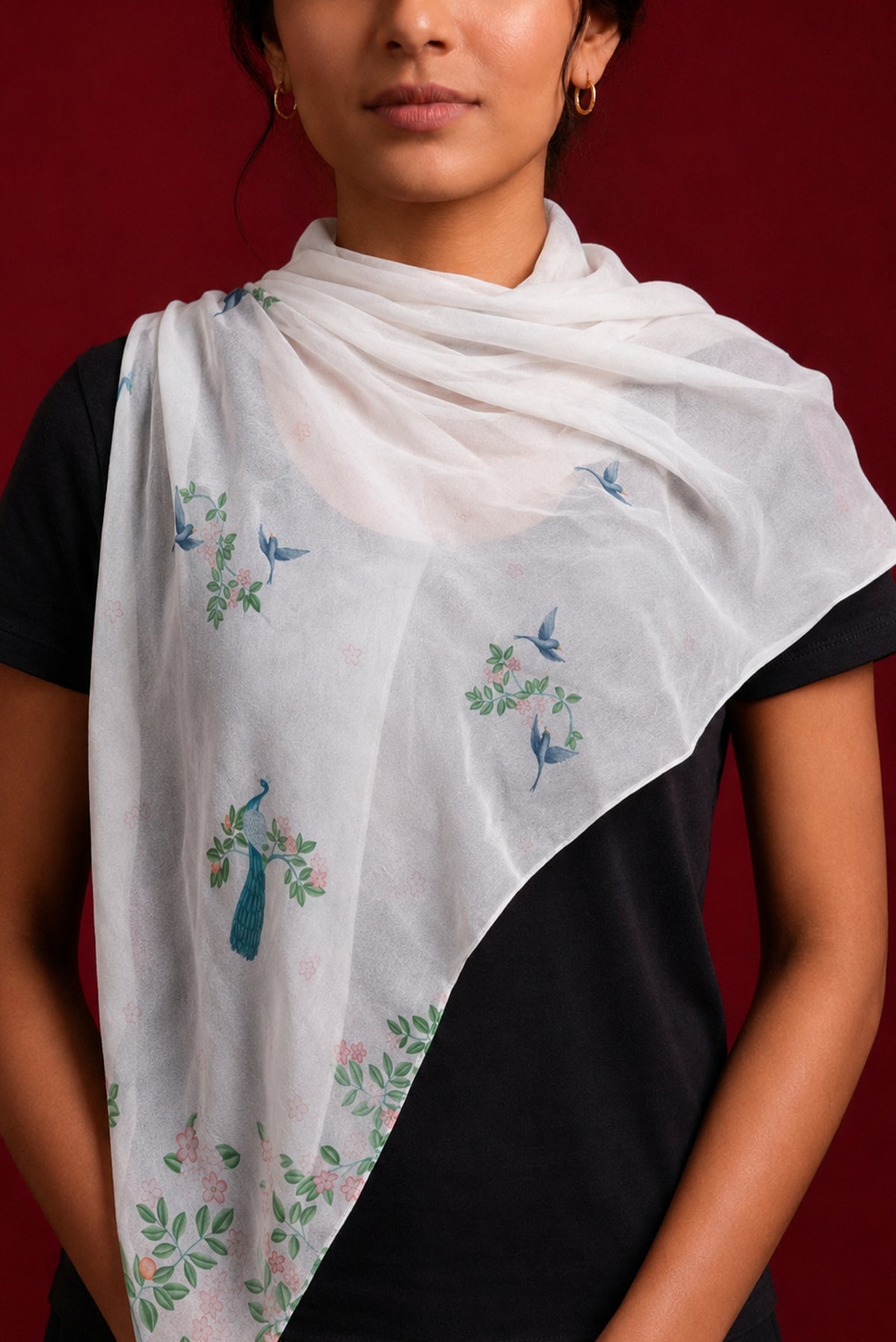 White Satin Silk Saree with Printed design on the body and Without Border