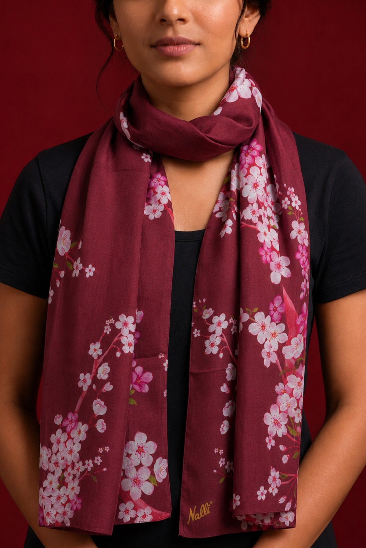 Maroon Satin Silk Saree with Printed design on the body and Without Border