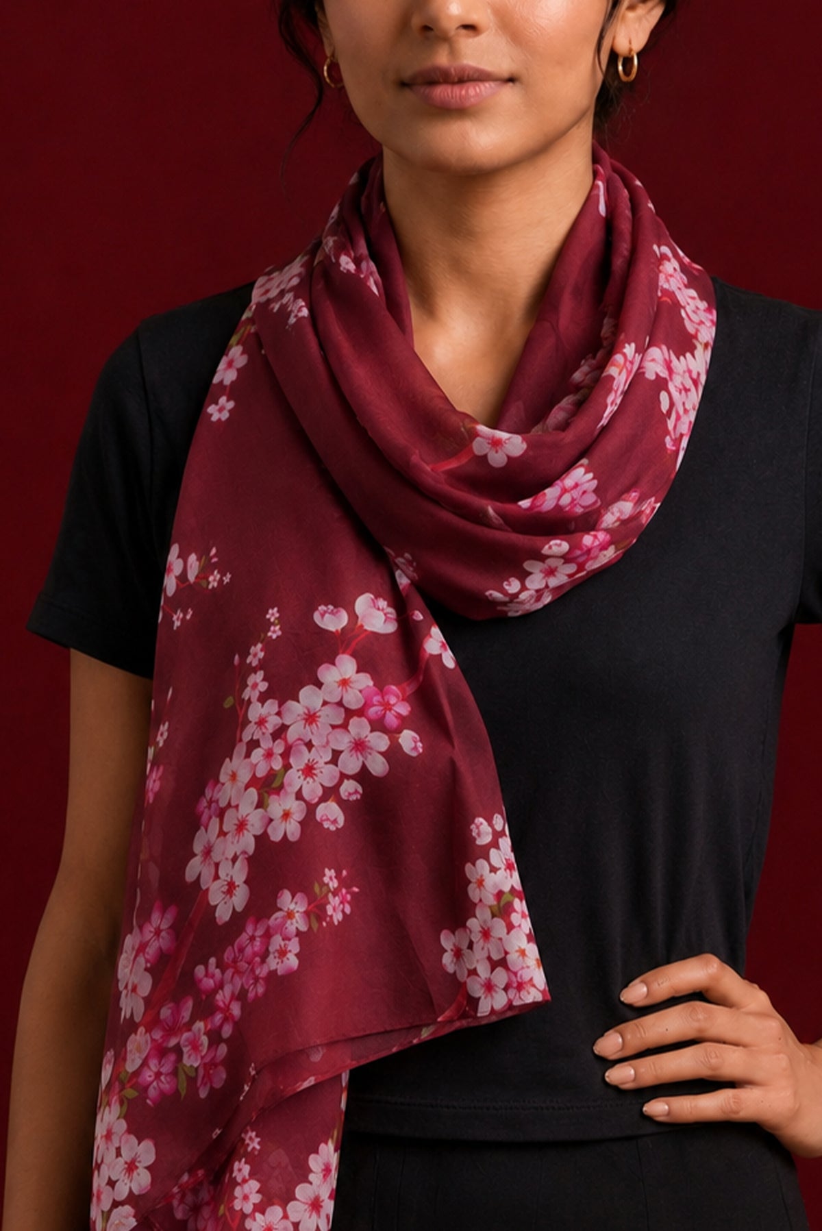 Maroon Satin Silk Saree with Printed design on the body and Without Border