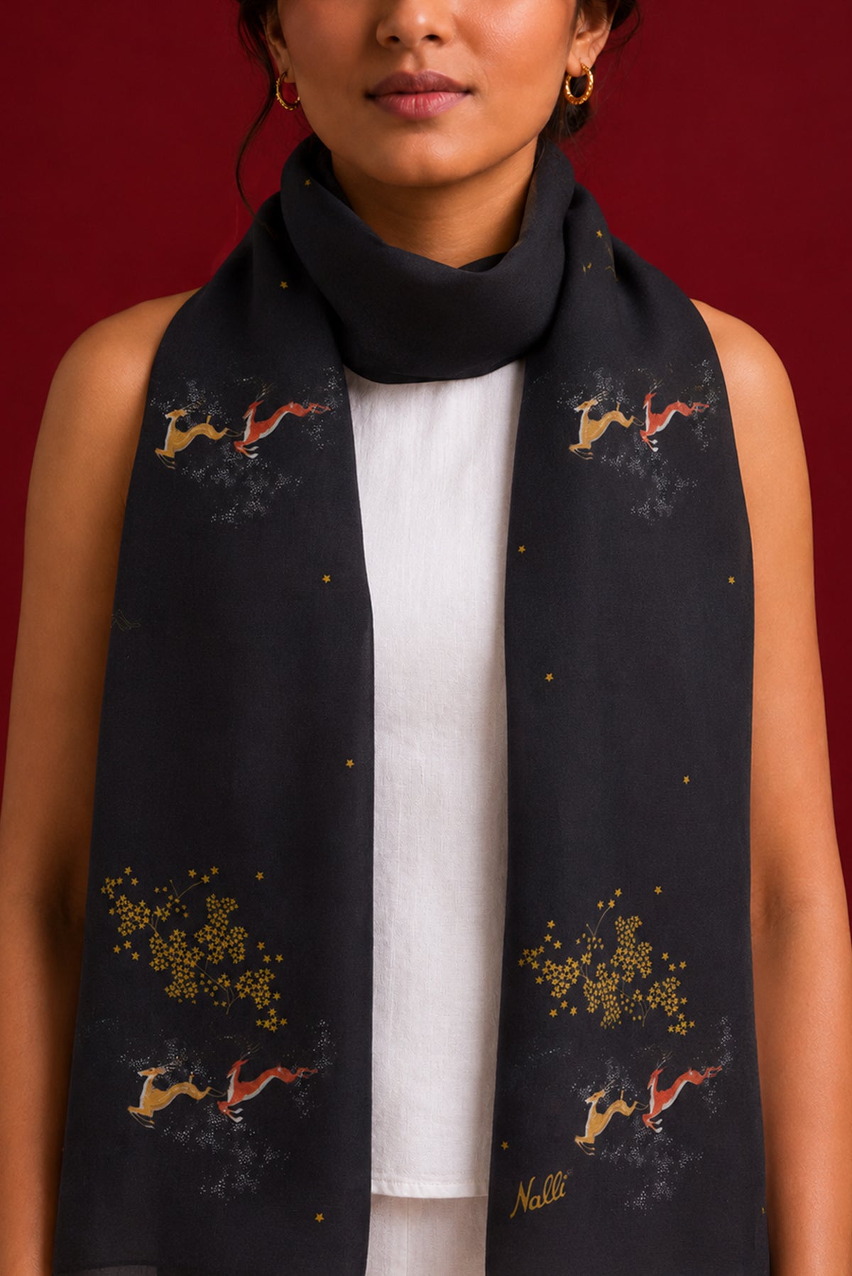 Black Satin Silk Saree with Printed design on the body and Without Border