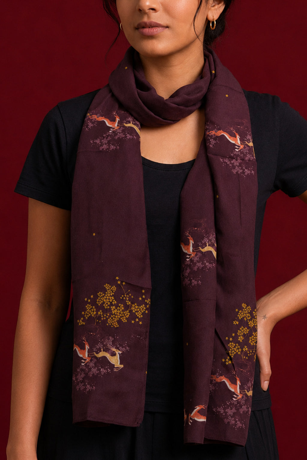Brown Satin Silk Saree with Printed design on the body and Without Border