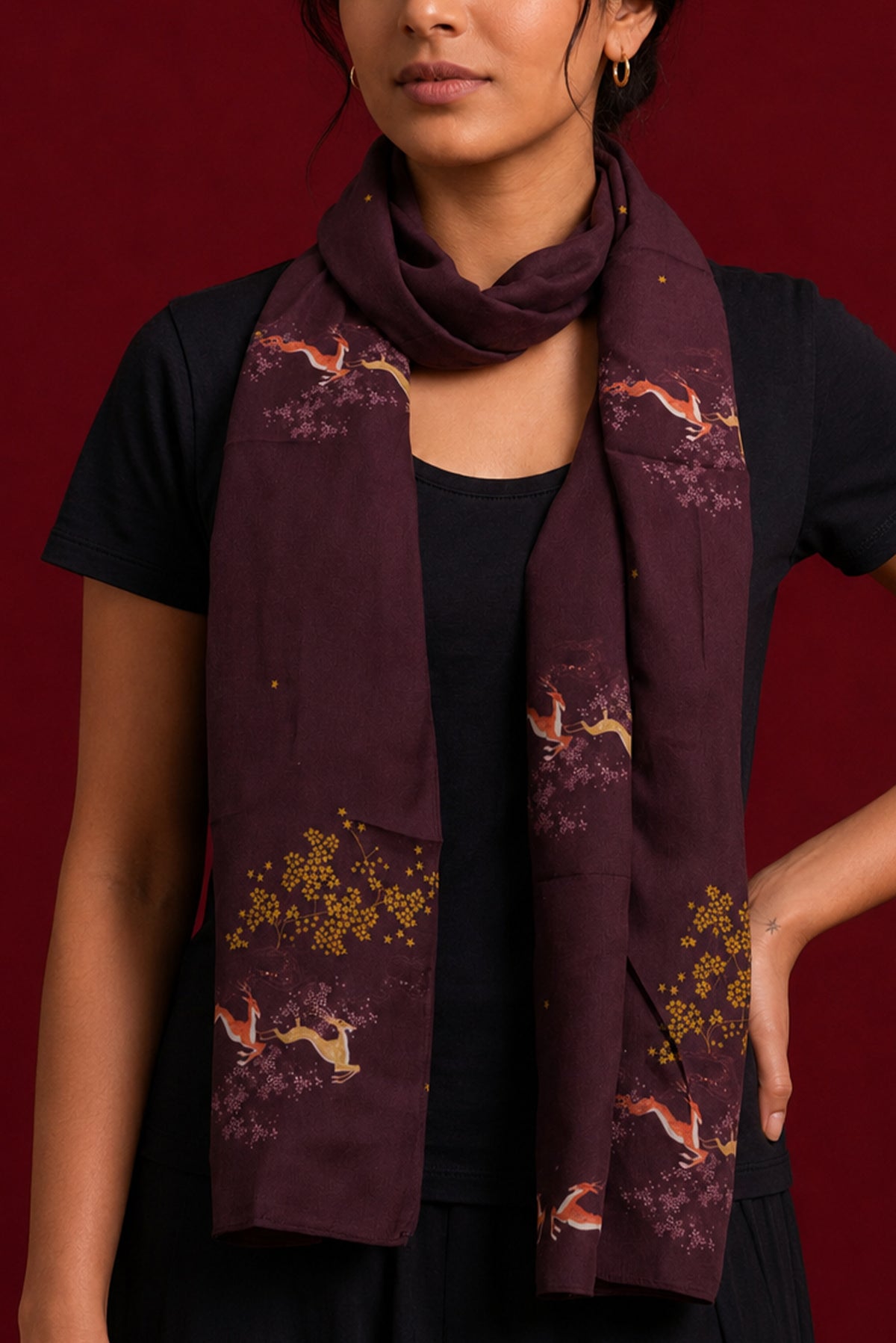 Brown Satin Silk Saree with Printed design on the body and Without Border