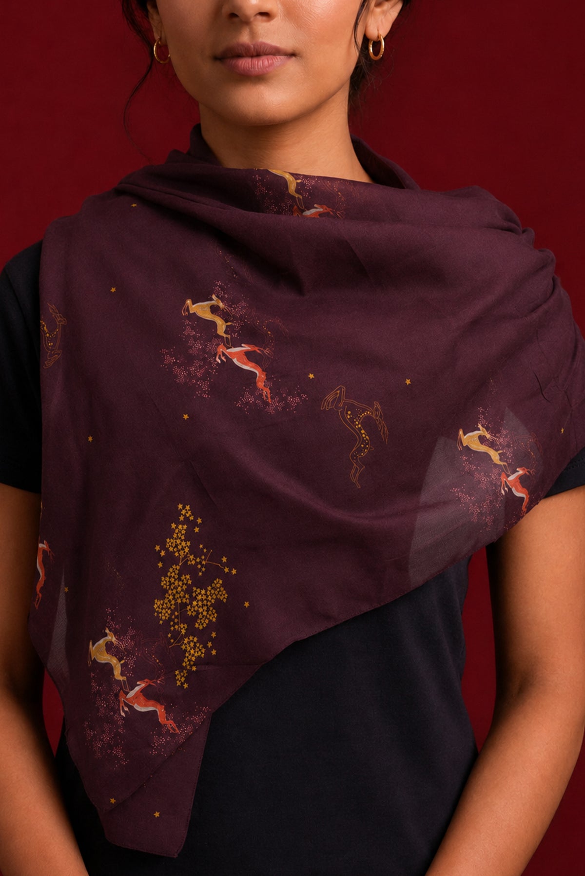 Brown Satin Silk Saree with Printed design on the body and Without Border