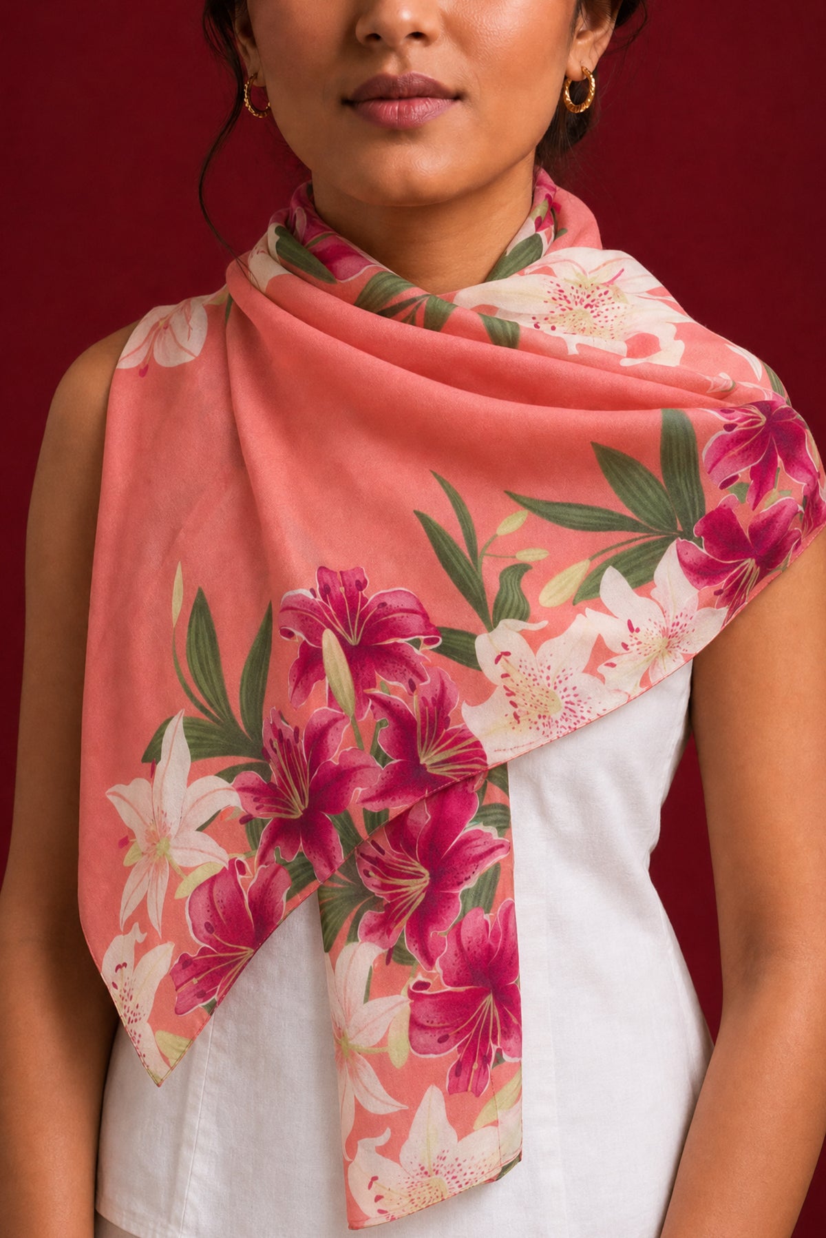 Coral Satin Silk Saree with Printed design on the body and Without Border