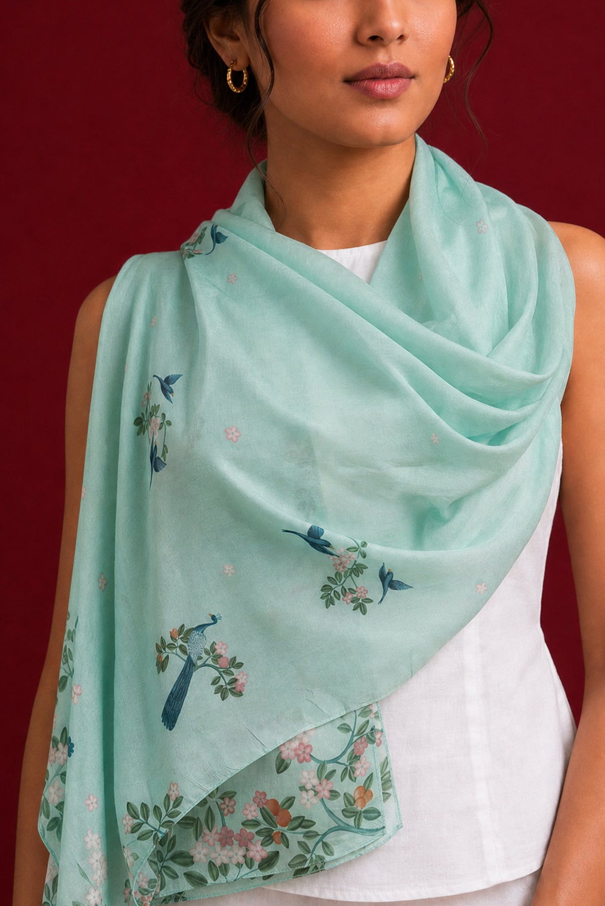 Green Satin Silk Saree with Printed design on the body and Without Border