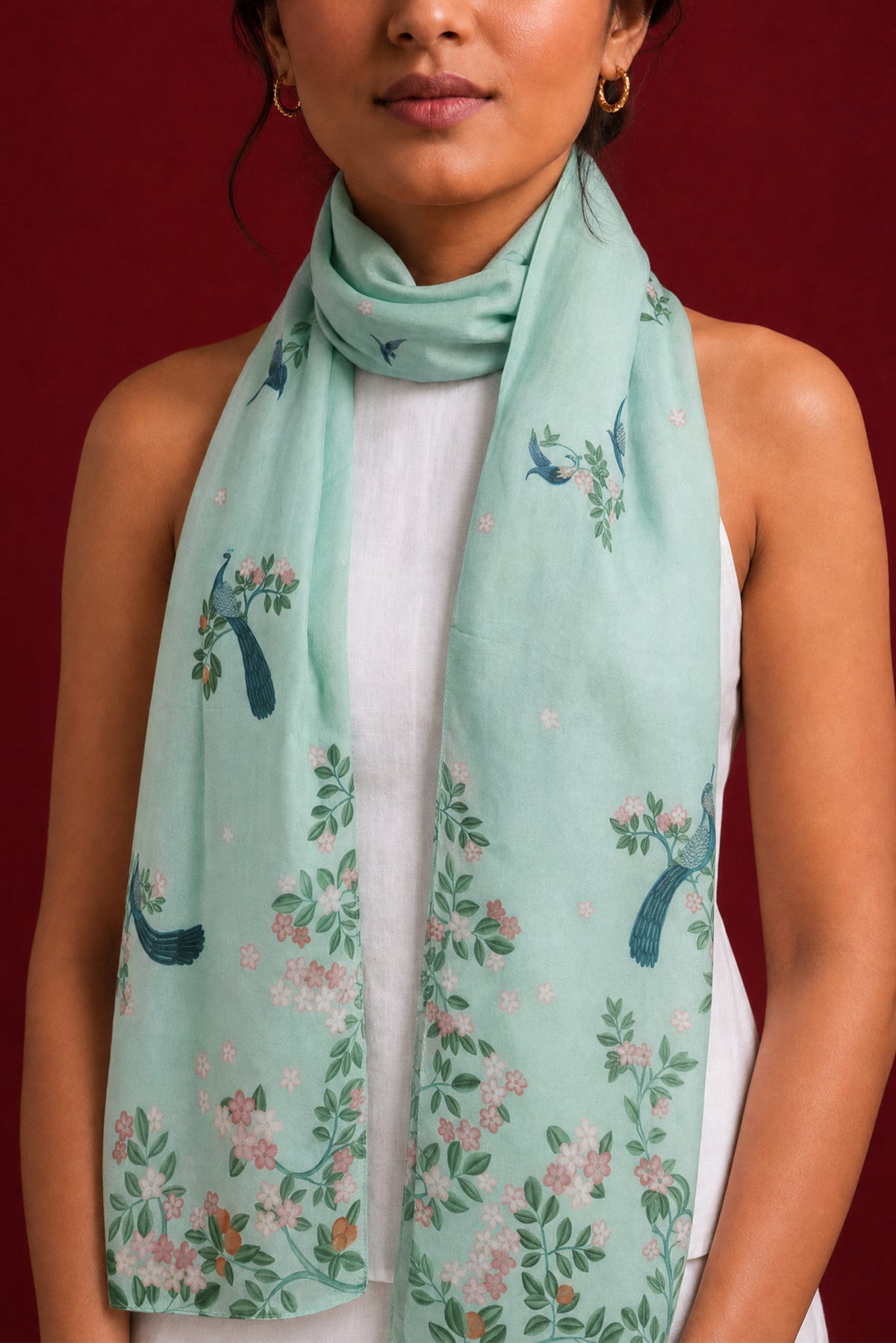Green Satin Silk Saree with Printed design on the body and Without Border