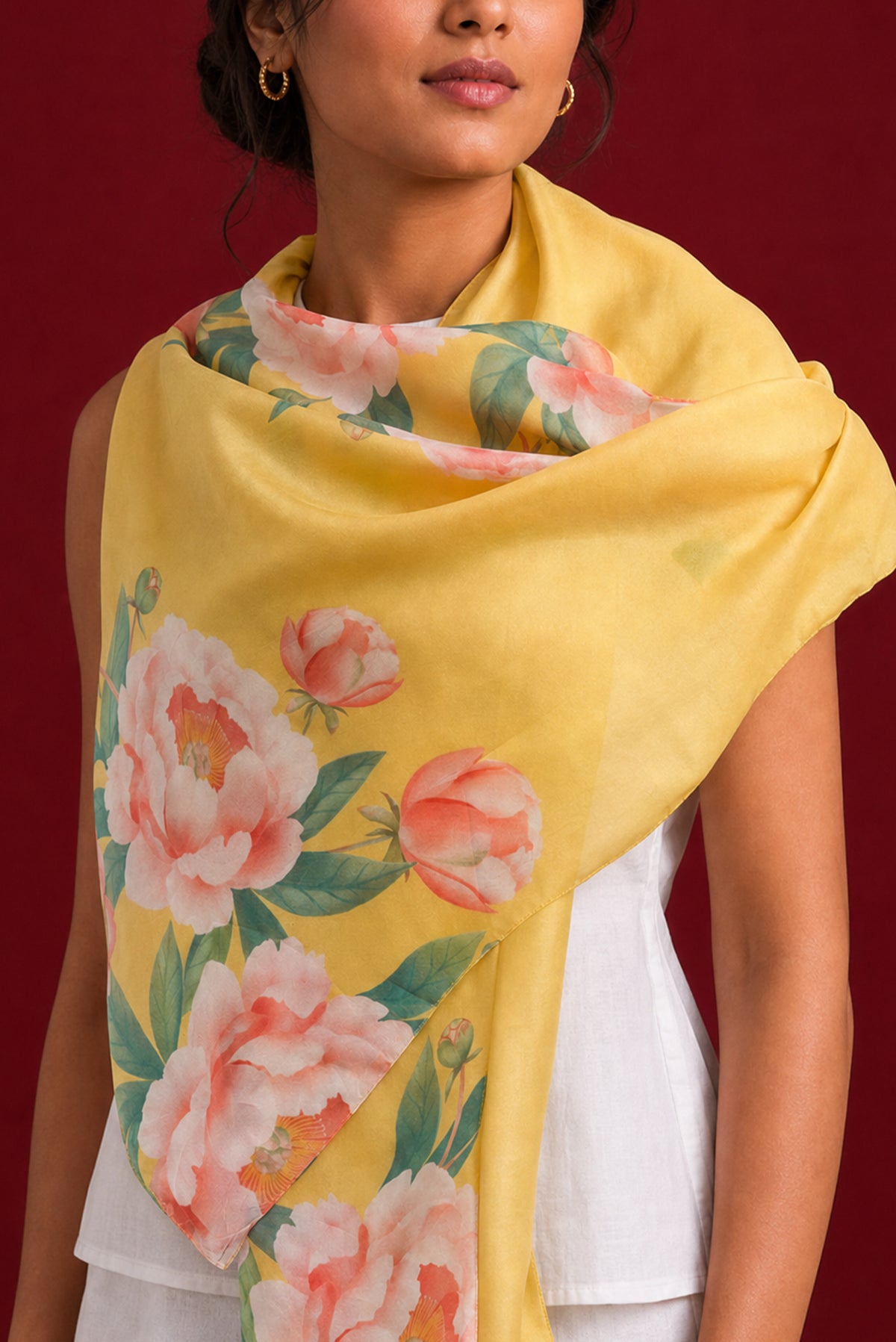 Yellow Satin Silk Saree with Printed design on the body and Without Border