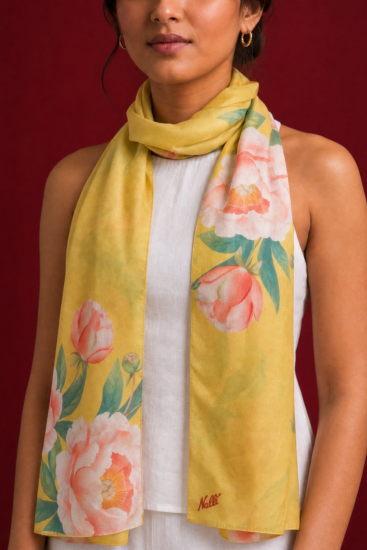 Yellow Satin Silk Saree with Printed design on the body and Without Border