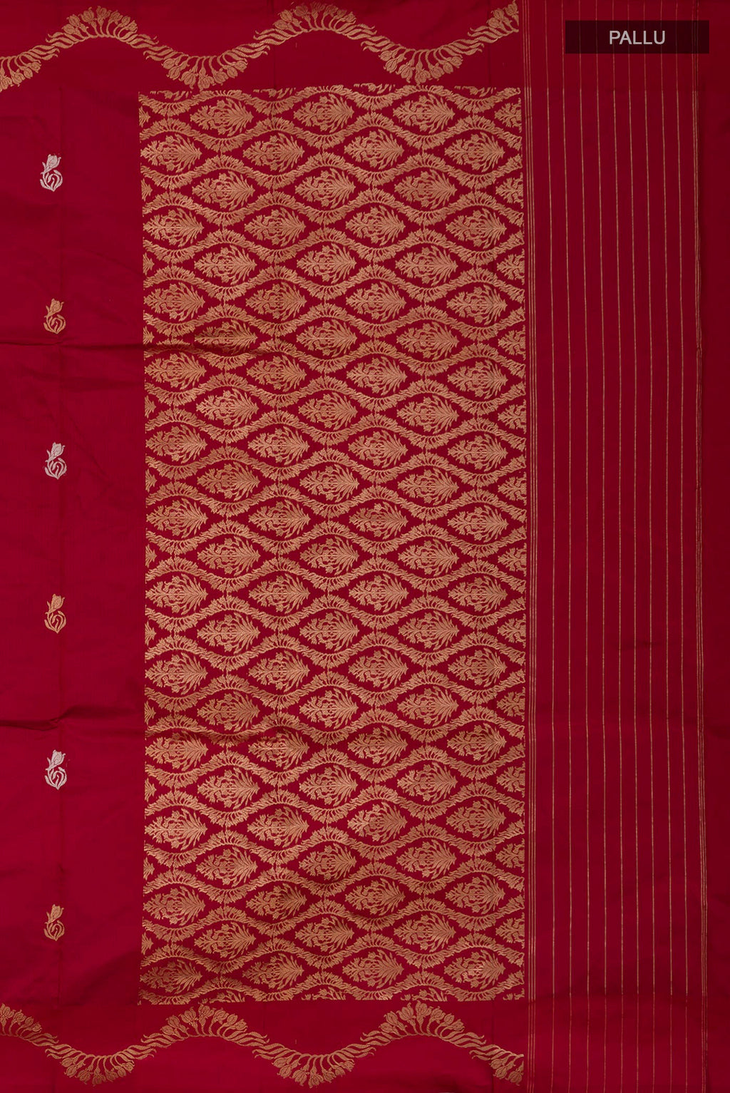 Close up image of the pallu of Maroon Banarasi Katan Silk Saree with Zari Butta on the body and Zari Border