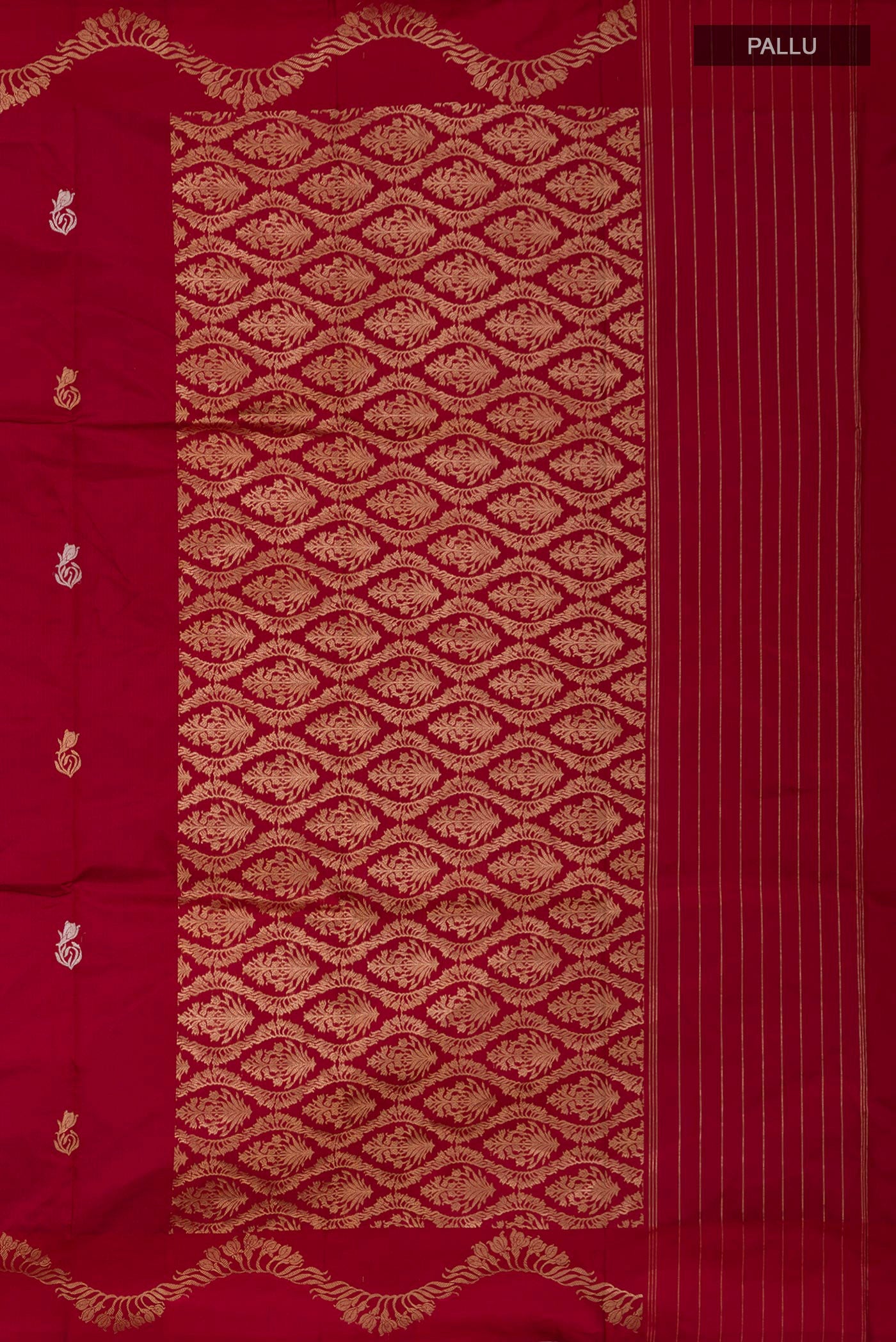 Close up image of the pallu of Maroon Banarasi Katan Silk Saree with Zari Butta on the body and Zari Border