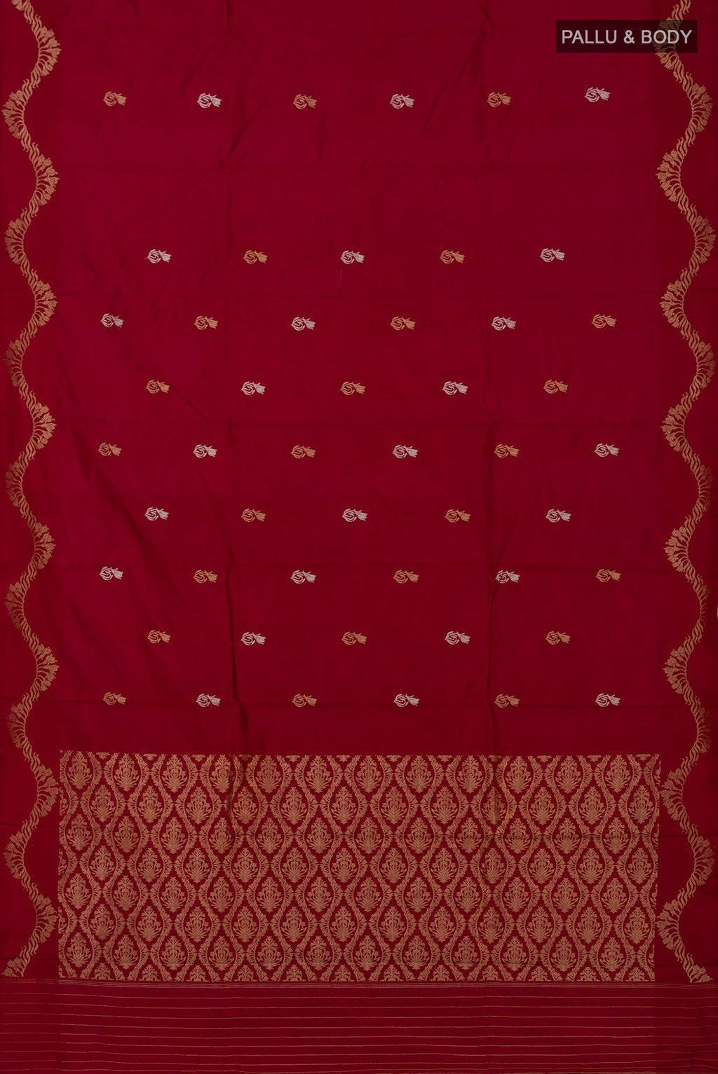 Flat view of Maroon Banarasi Katan Silk Saree with Zari Butta on the body and Zari Border