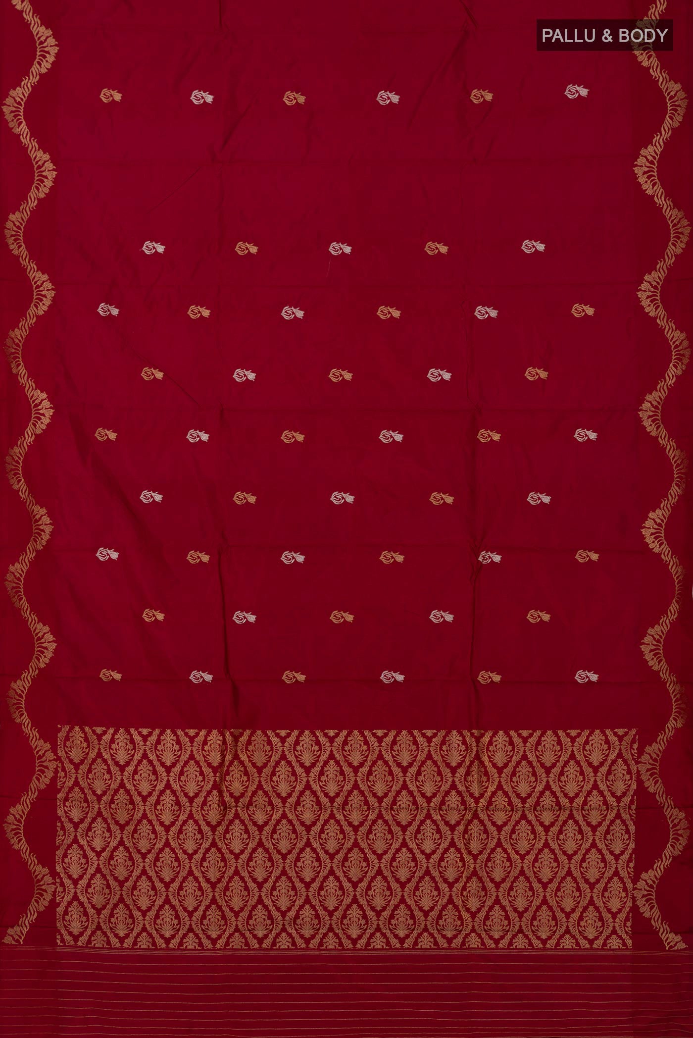 Flat view of Maroon Banarasi Katan Silk Saree with Zari Butta on the body and Zari Border