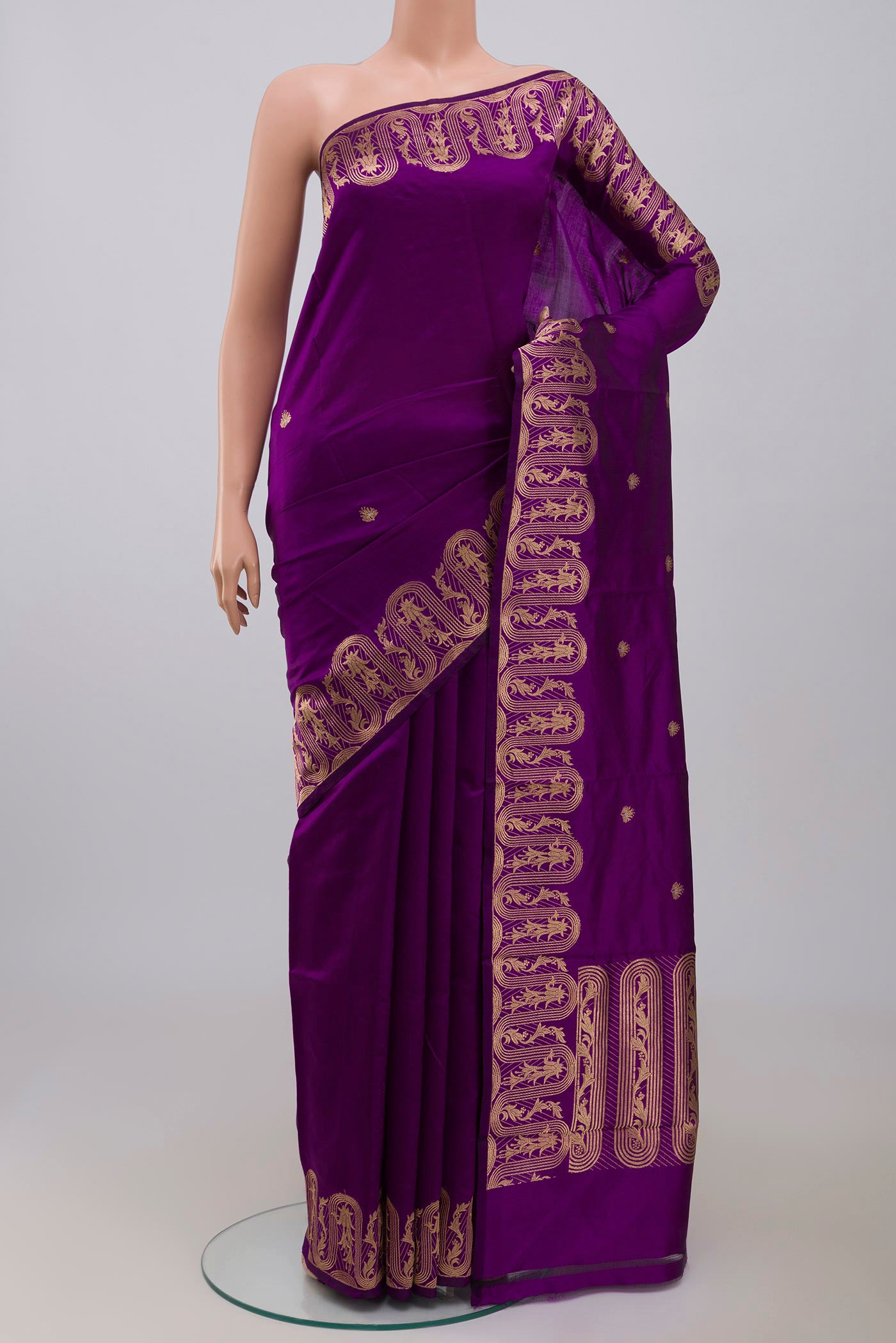 Violet Banarasi Katan Silk Saree with Zari Butta on the body and Zari Border displayed on a mannequin