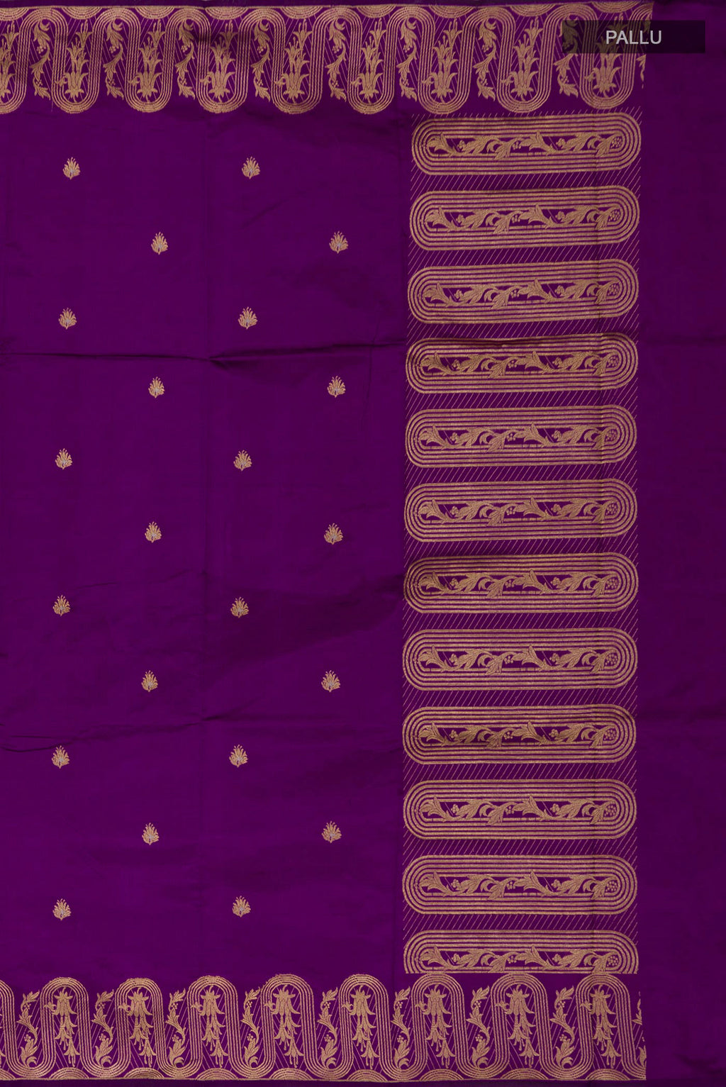 Close up image of the pallu of Violet Banarasi Katan Silk Saree with Zari Butta on the body and Zari Border