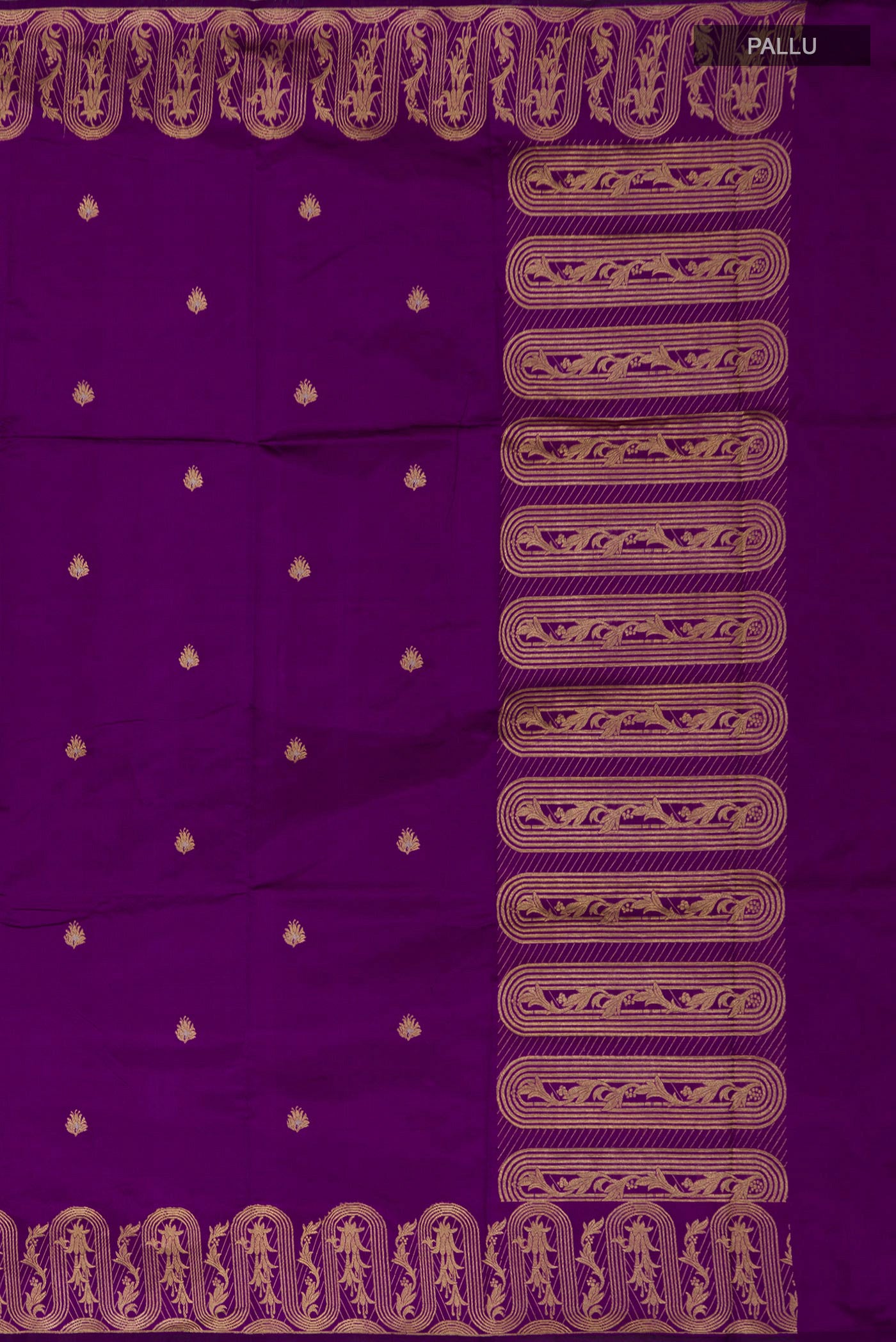 Close up image of the pallu of Violet Banarasi Katan Silk Saree with Zari Butta on the body and Zari Border