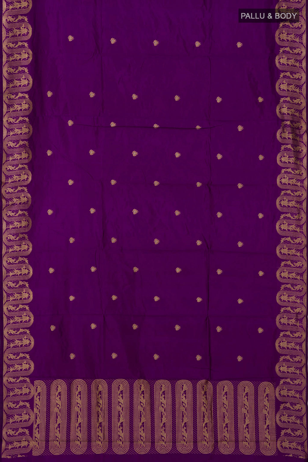 Flat view of Violet Banarasi Katan Silk Saree with Zari Butta on the body and Zari Border