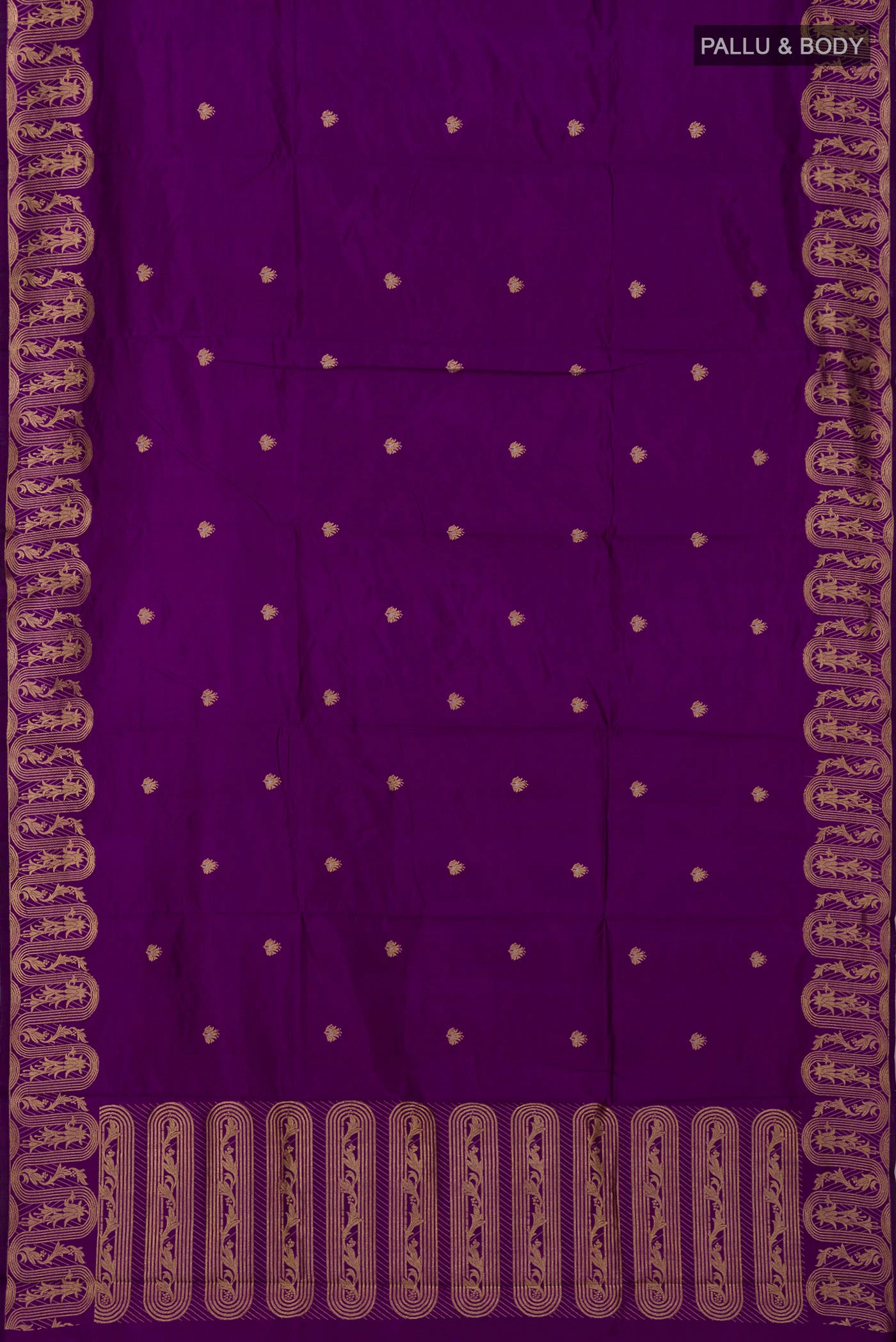 Flat view of Violet Banarasi Katan Silk Saree with Zari Butta on the body and Zari Border