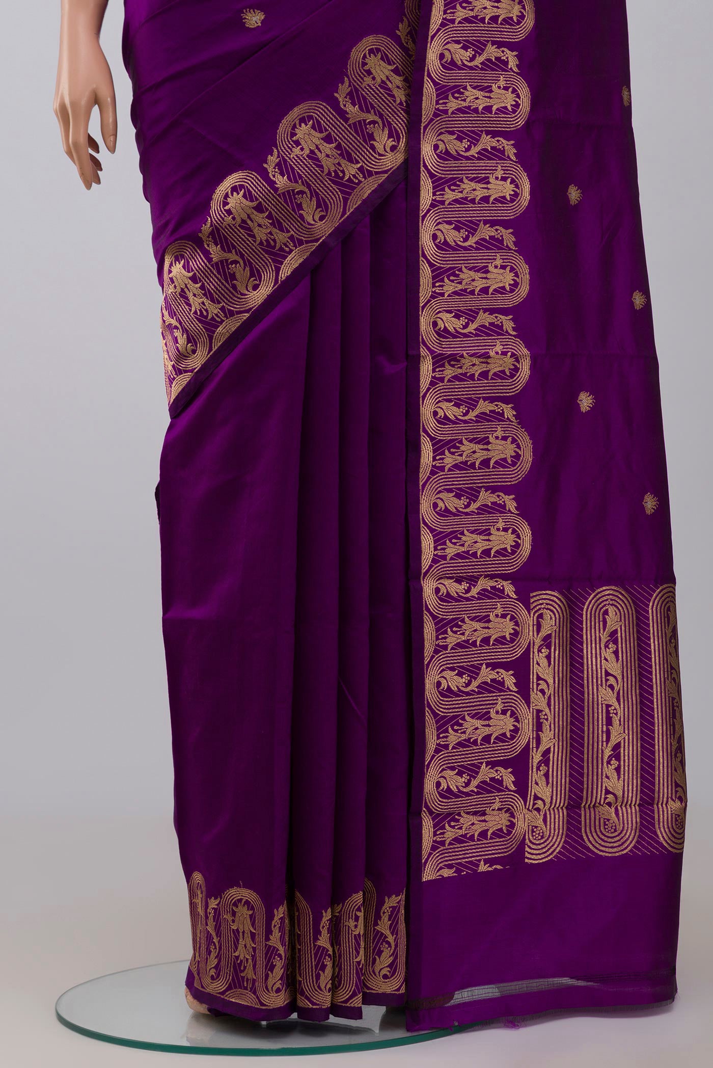 Pleats and pallu of Violet Banarasi Katan Silk Saree with Zari Butta on the body and Zari Border