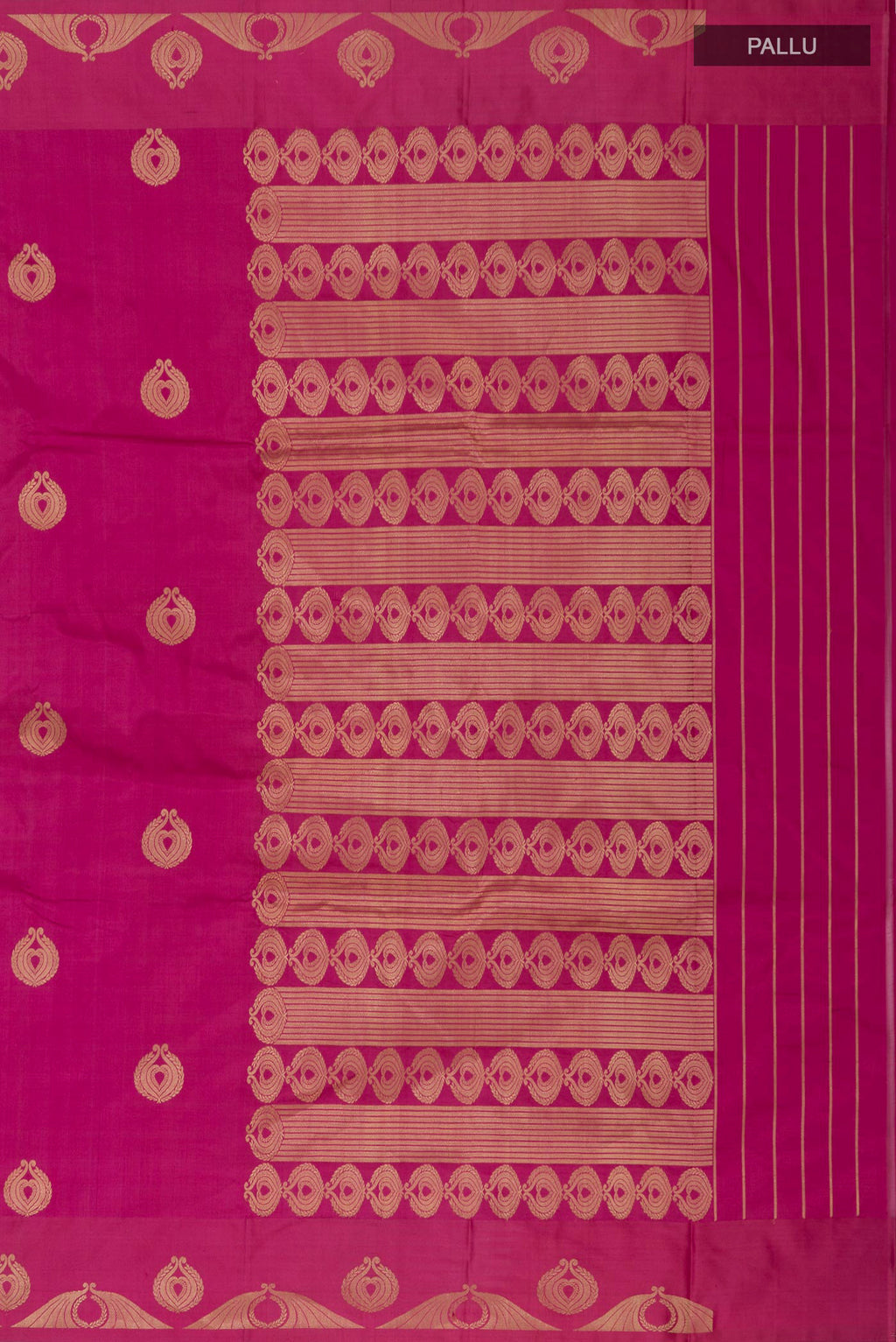 Close up image of the pallu of Pink Banarasi Katan Silk Saree with Zari Butta on the body and Zari Border