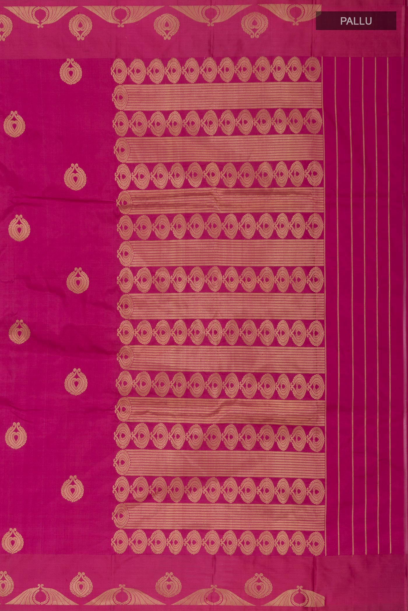 Close up image of the pallu of Pink Banarasi Katan Silk Saree with Zari Butta on the body and Zari Border
