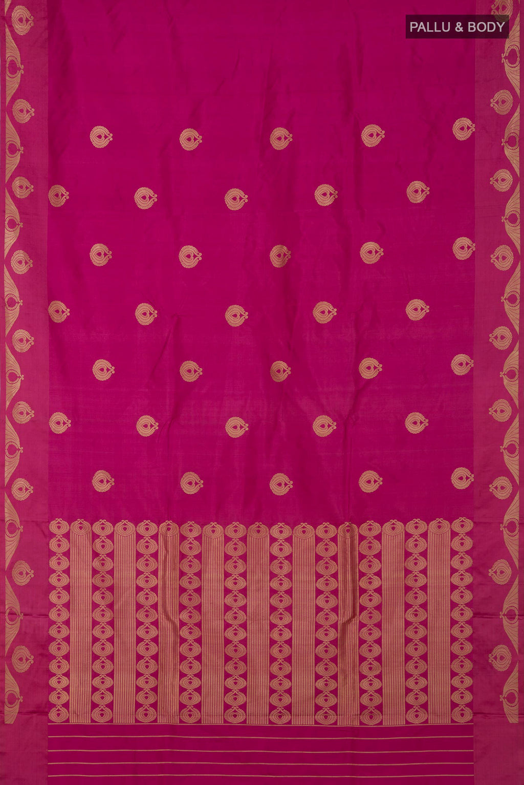 Flat view of Pink Banarasi Katan Silk Saree with Zari Butta on the body and Zari Border