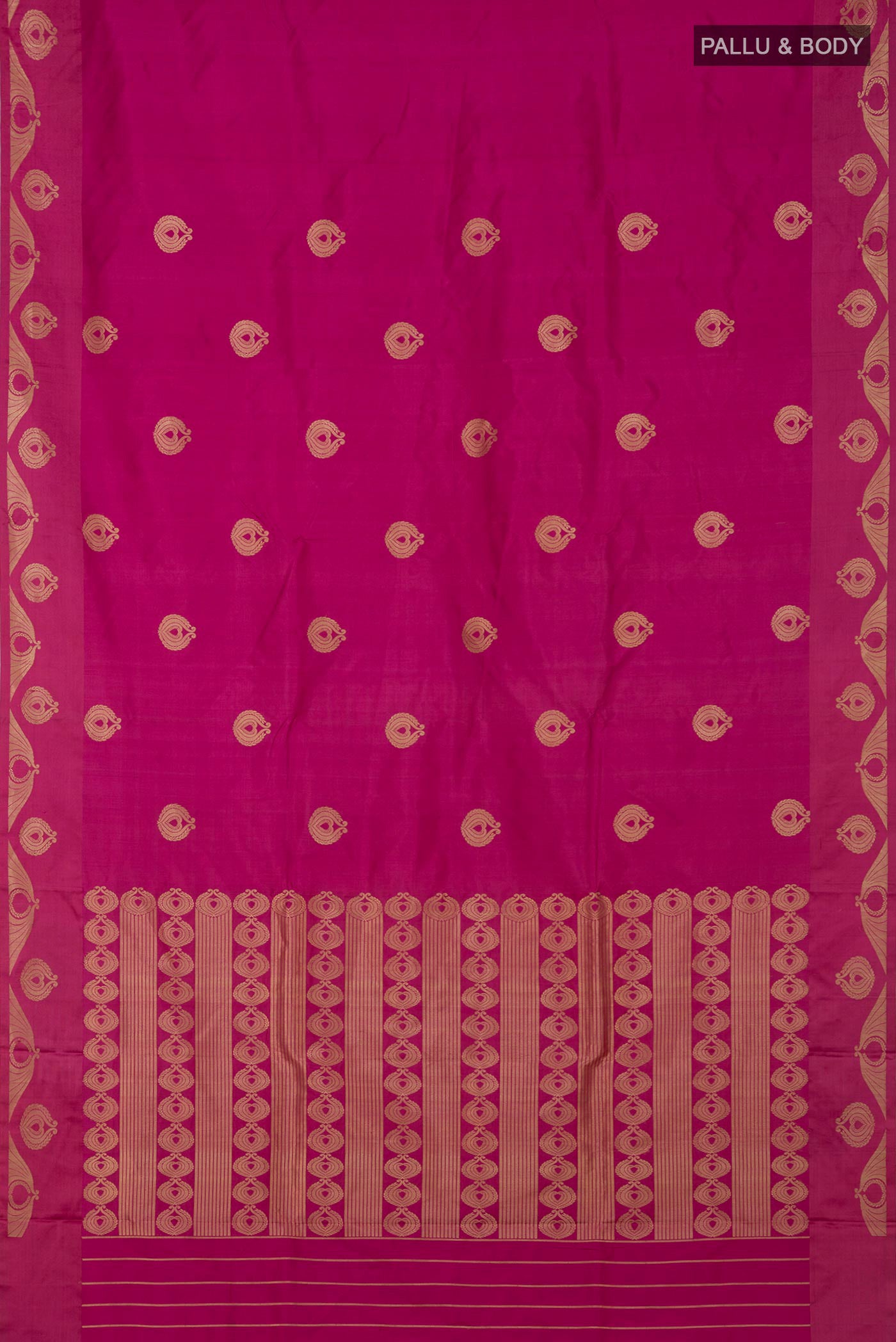 Flat view of Pink Banarasi Katan Silk Saree with Zari Butta on the body and Zari Border