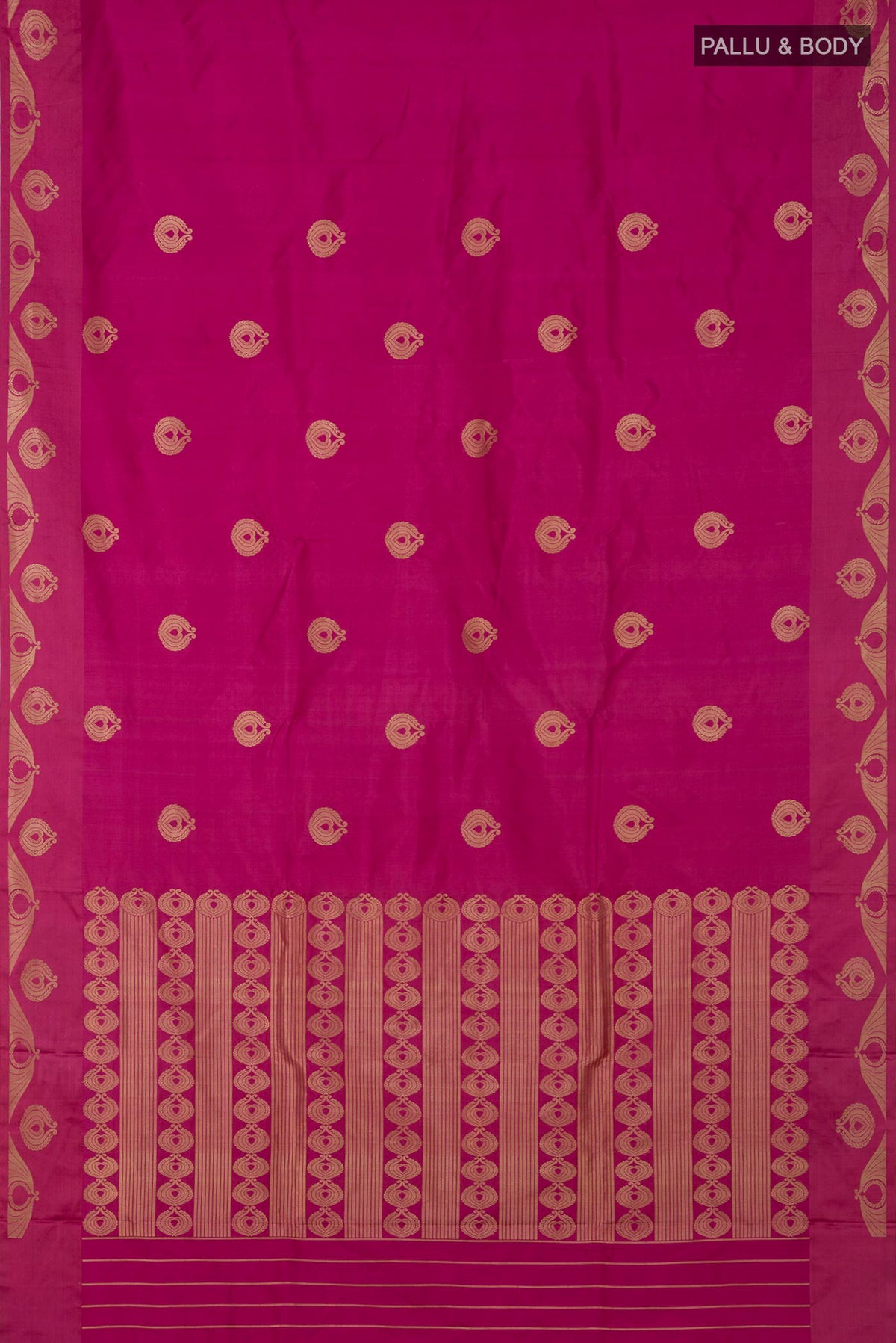 Flat view of Pink Banarasi Katan Silk Saree with Zari Butta on the body and Zari Border