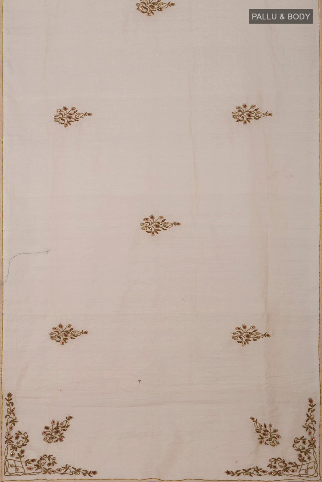 Flat view of Beige Chanderi Silk Cotton Saree with Embroidery on the body and Thin Zari Line