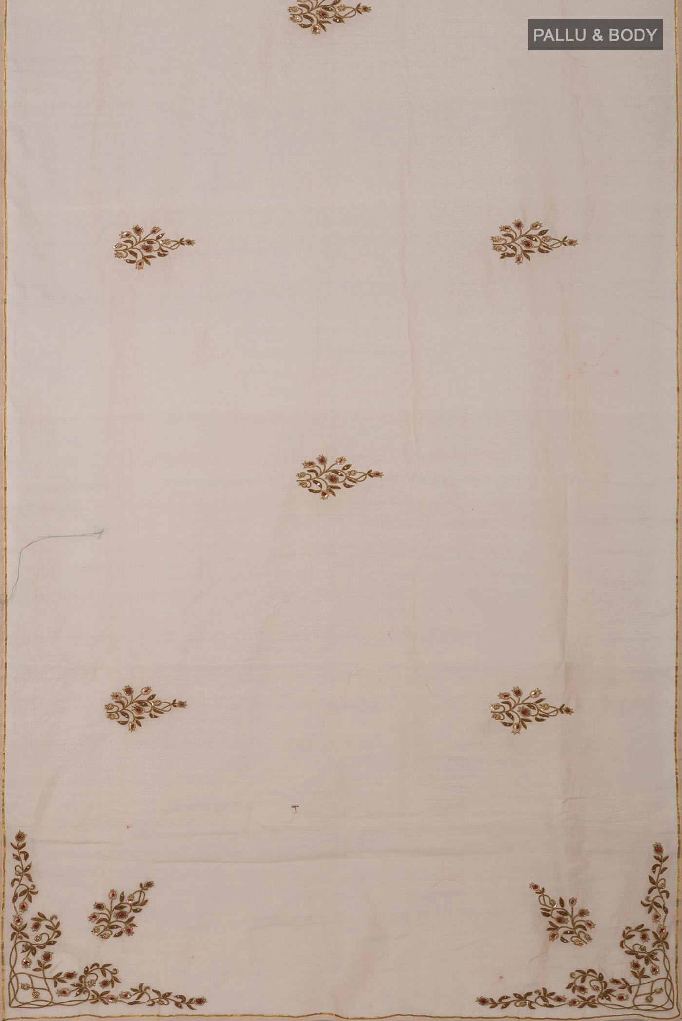 Flat view of Beige Chanderi Silk Cotton Saree with Embroidery on the body and Thin Zari Line