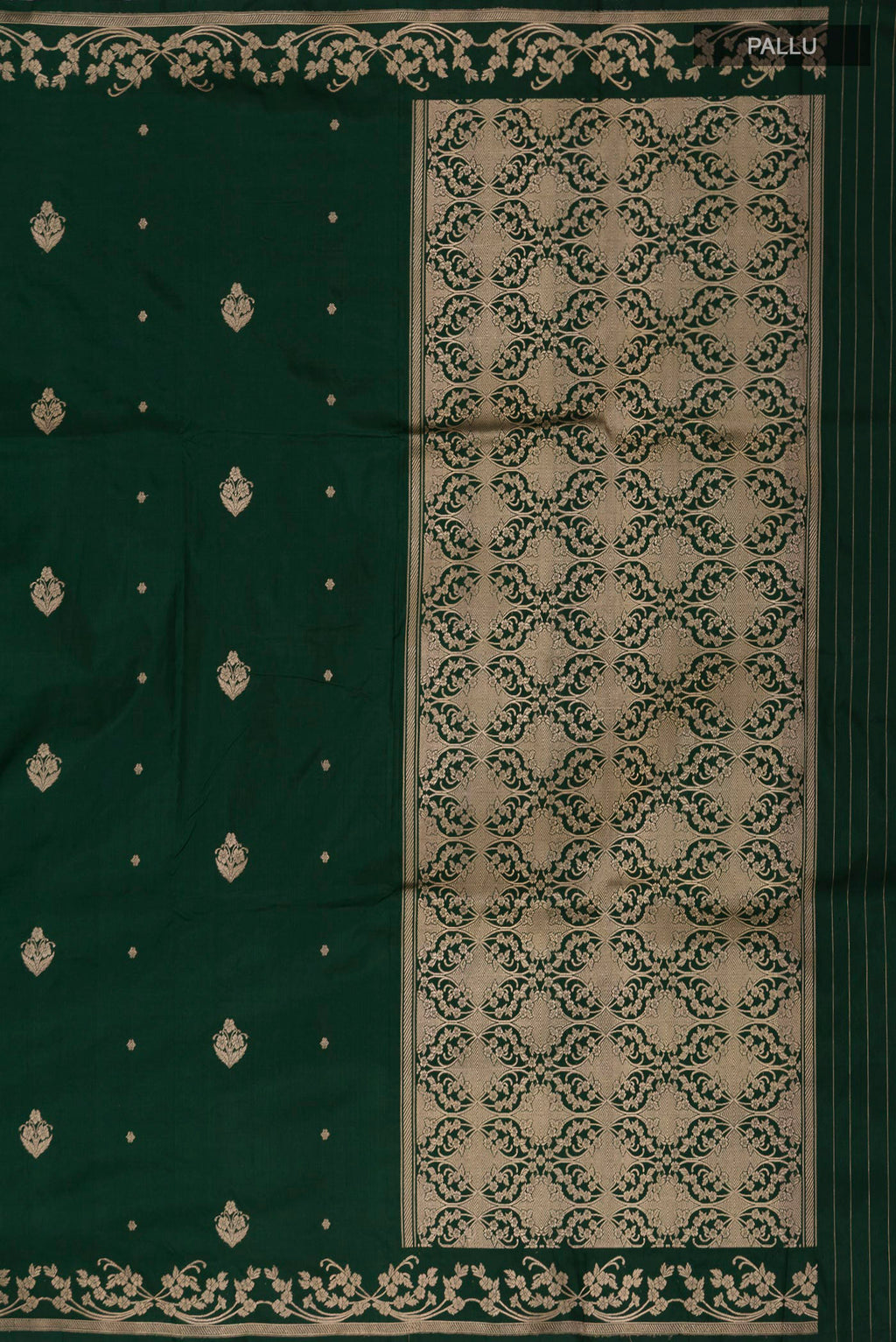 Close up image of the pallu of Green Banarasi Katan Silk Saree with Zari Butta on the body and Zari Border
