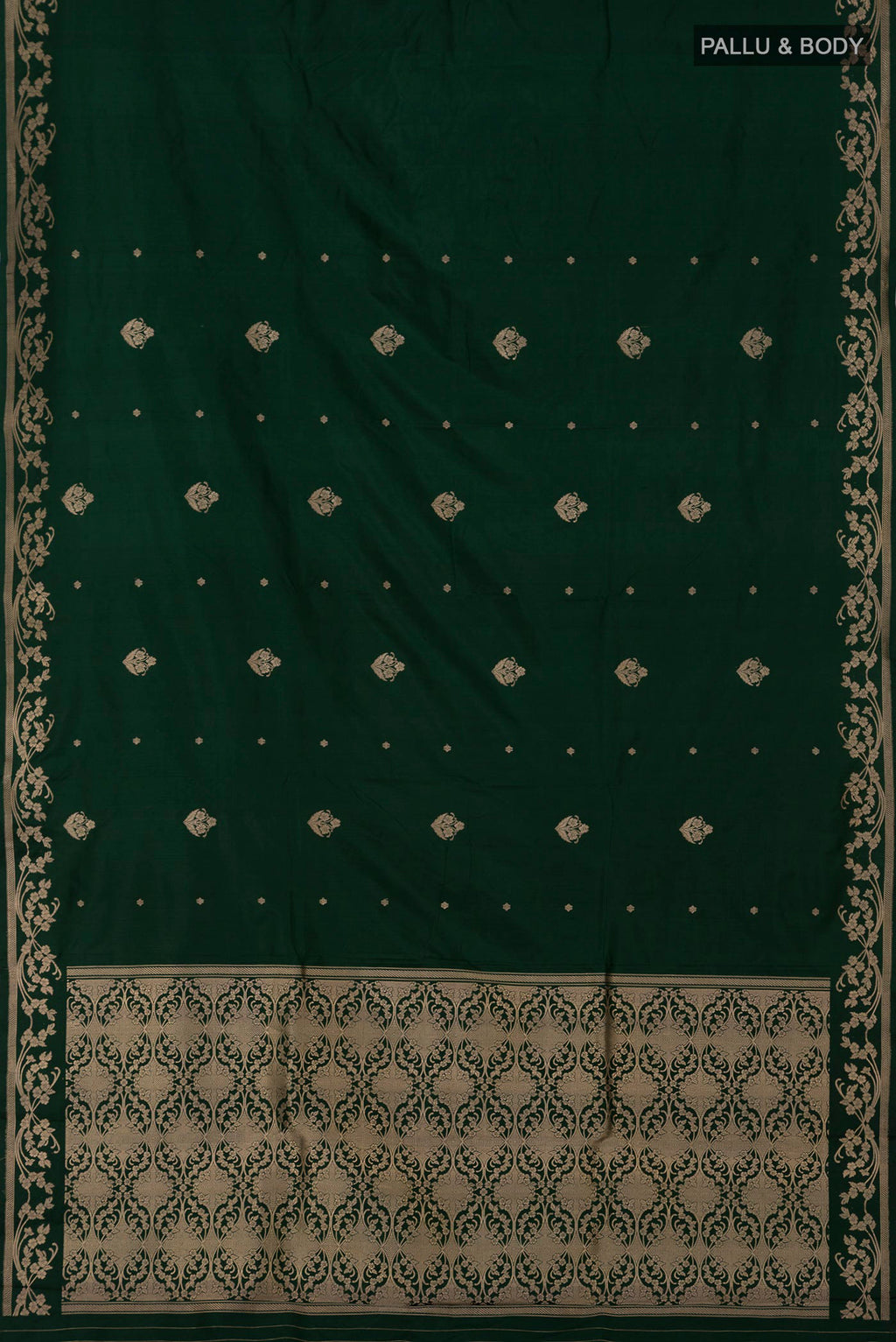Flat view of Green Banarasi Katan Silk Saree with Zari Butta on the body and Zari Border