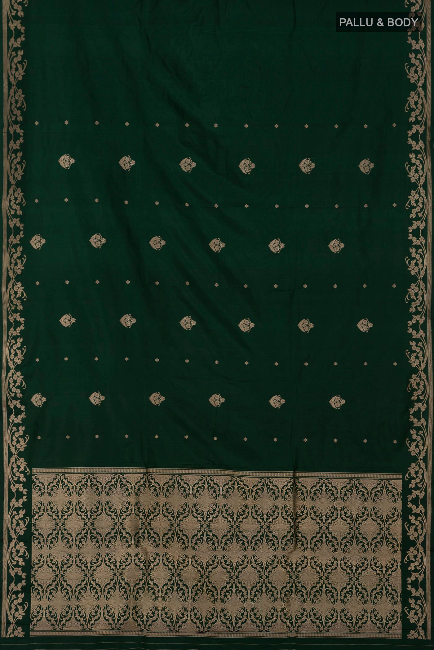 Flat view of Green Banarasi Katan Silk Saree with Zari Butta on the body and Zari Border