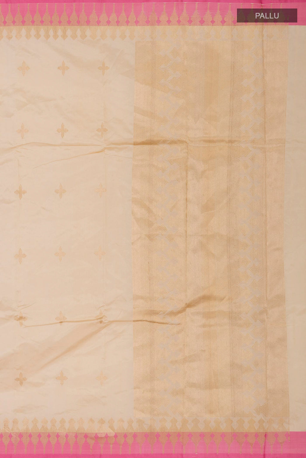 Close up image of the pallu of Beige Banarasi Silk Saree with Zari Butta on the body and Zari Border