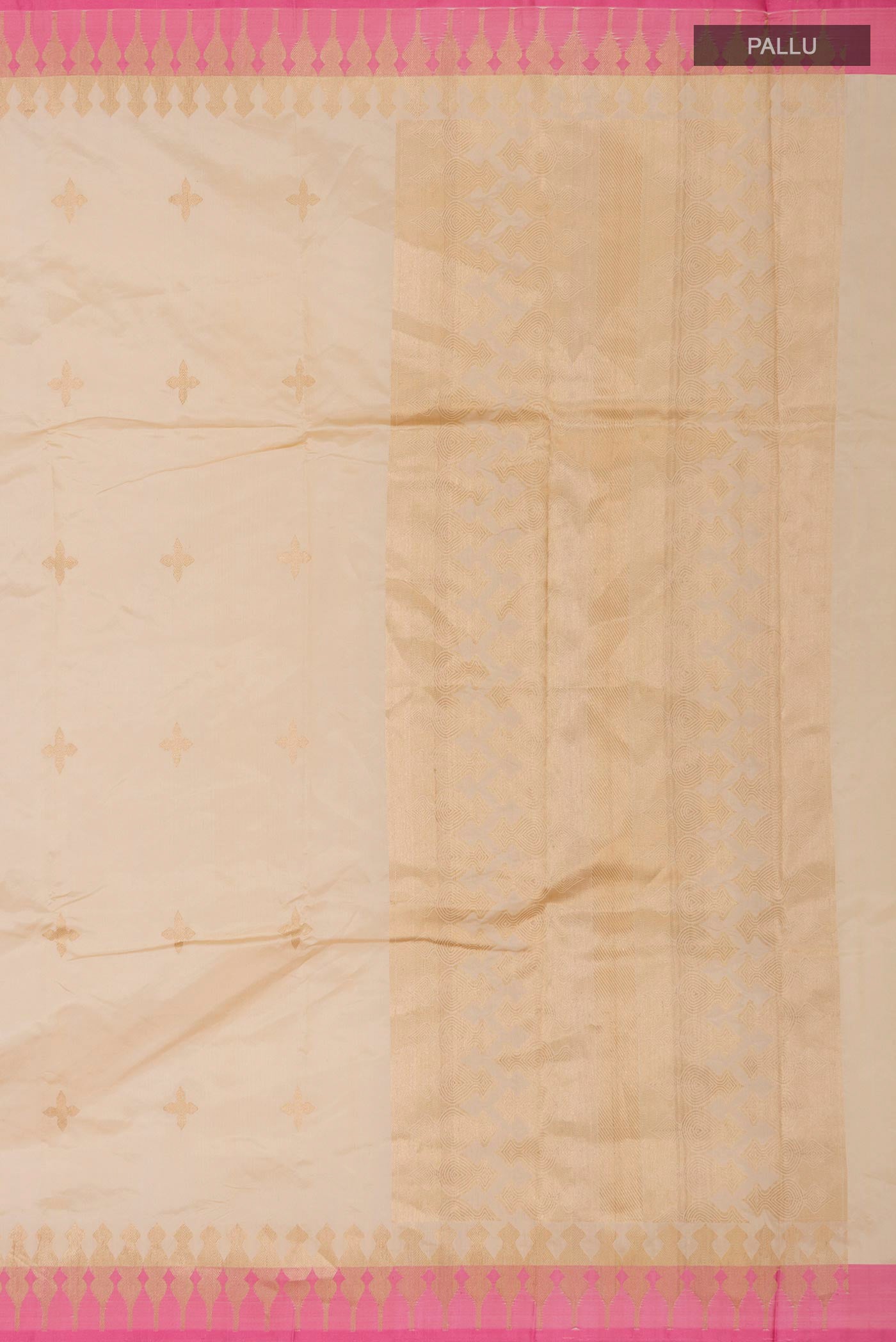 Close up image of the pallu of Beige Banarasi Silk Saree with Zari Butta on the body and Zari Border