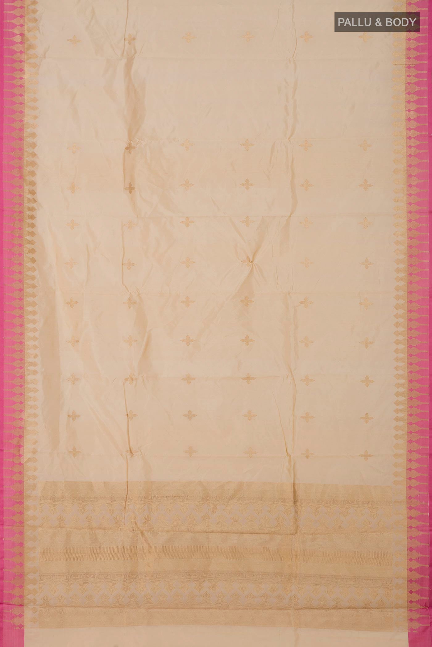 Flat view of Beige Banarasi Silk Saree with Zari Butta on the body and Zari Border