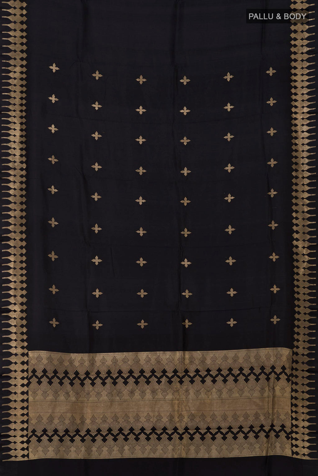 Flat view of Black Banarasi Silk Saree with Zari Butta on the body and Zari Border