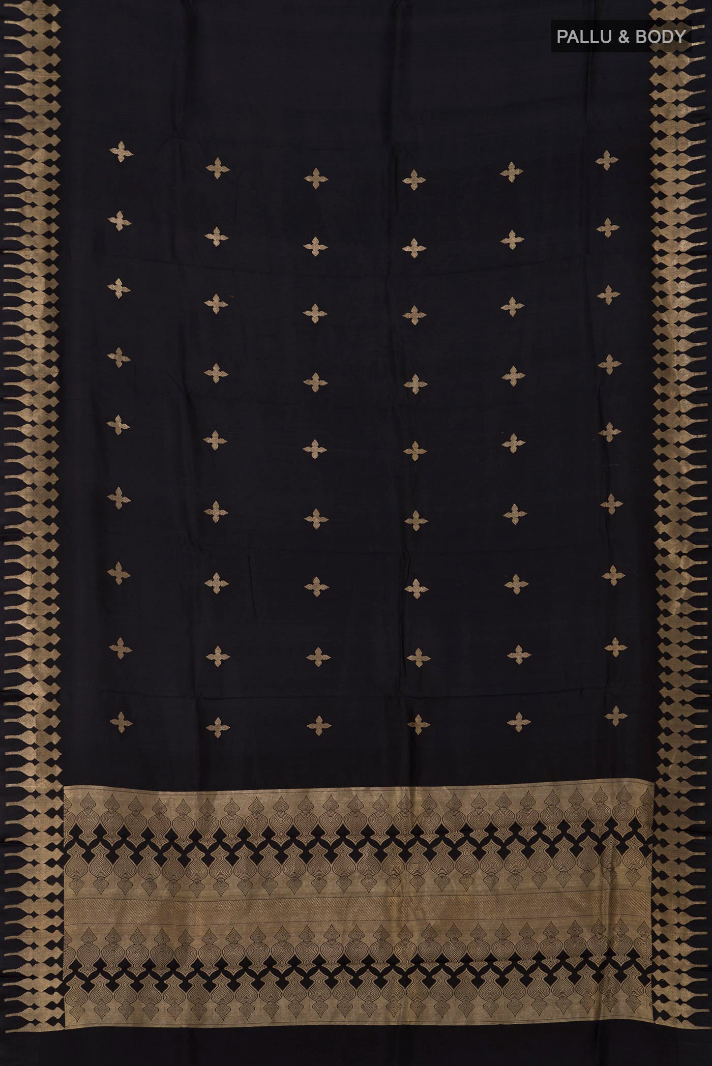Flat view of Black Banarasi Silk Saree with Zari Butta on the body and Zari Border