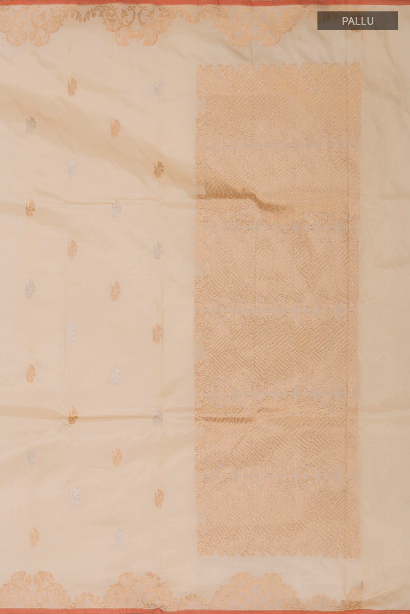 Close up image of the pallu of Beige Banarasi Katan Silk Saree with Zari Butta on the body and Zari Border