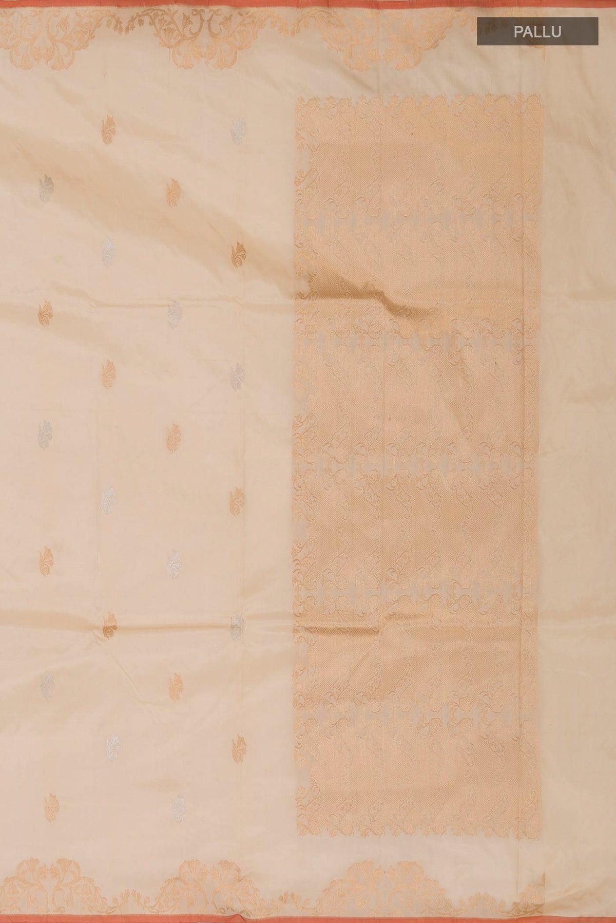 Close up image of the pallu of Beige Banarasi Katan Silk Saree with Zari Butta on the body and Zari Border