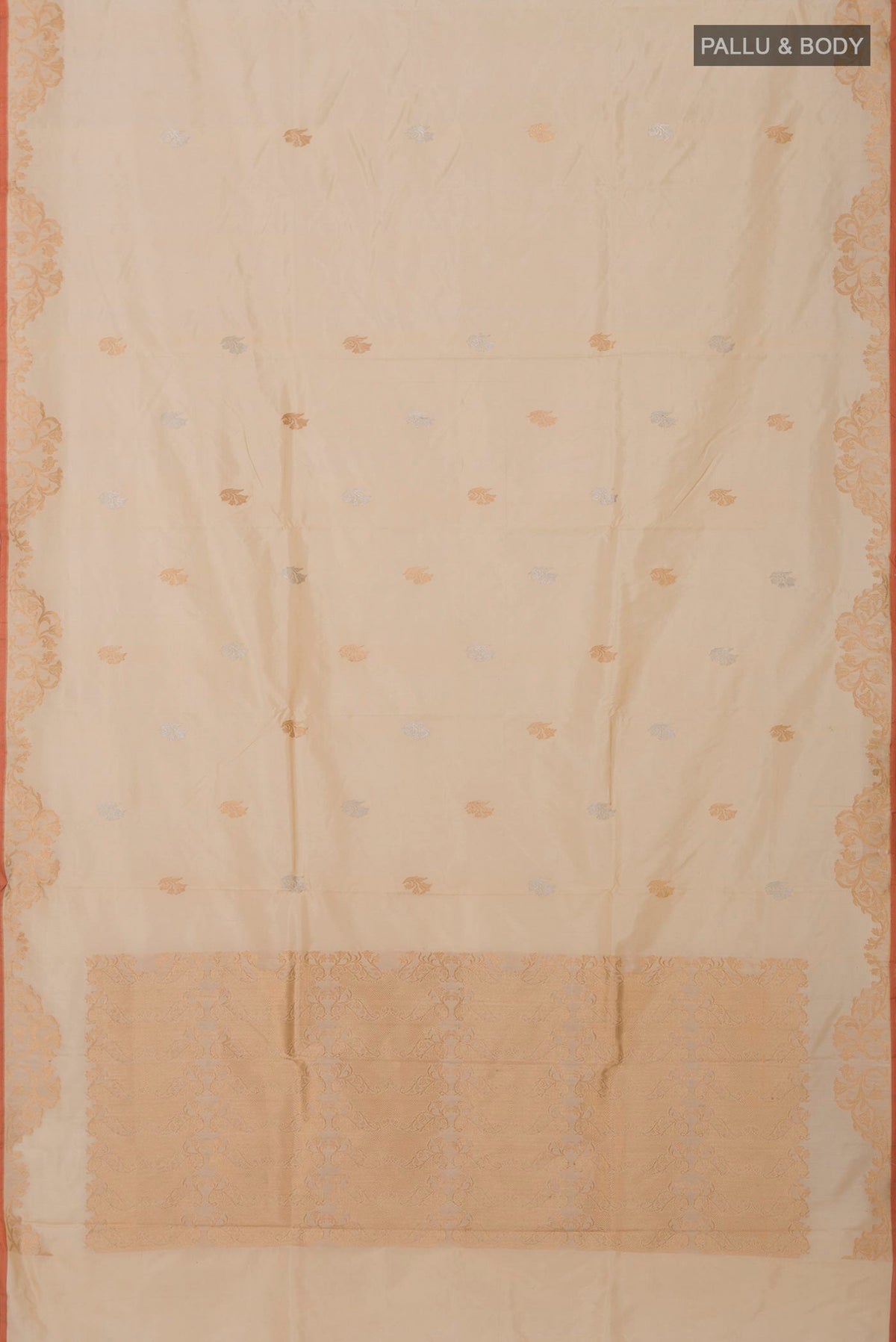 Flat view of Beige Banarasi Katan Silk Saree with Zari Butta on the body and Zari Border
