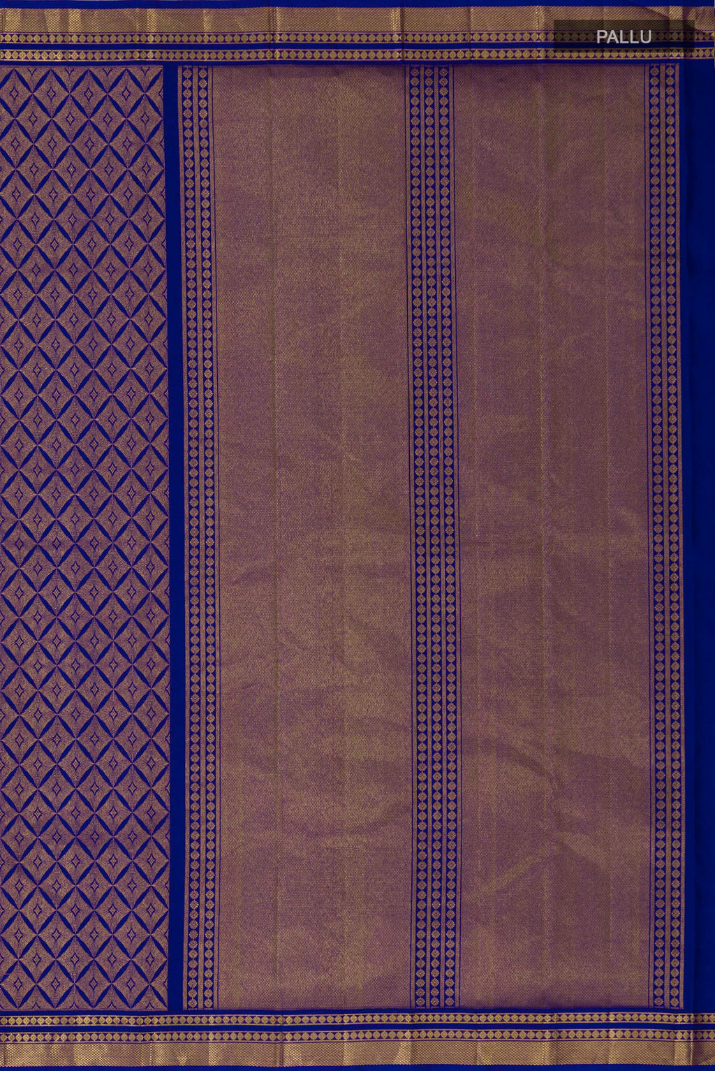 Close up image of the pallu of Handwoven in pure mulberry silk with half-fine gold and silver zari, this blue Kanjeevaram saree celebrates the harmony of line and light. A refined checkered pattern, formed by intersecting gold zari lines, unfolds across the body and continues into the radiant gold pallu. Framed by two broad gold bands separated by a slender gold stripe, the border lends the weave timeless balance and elegance.