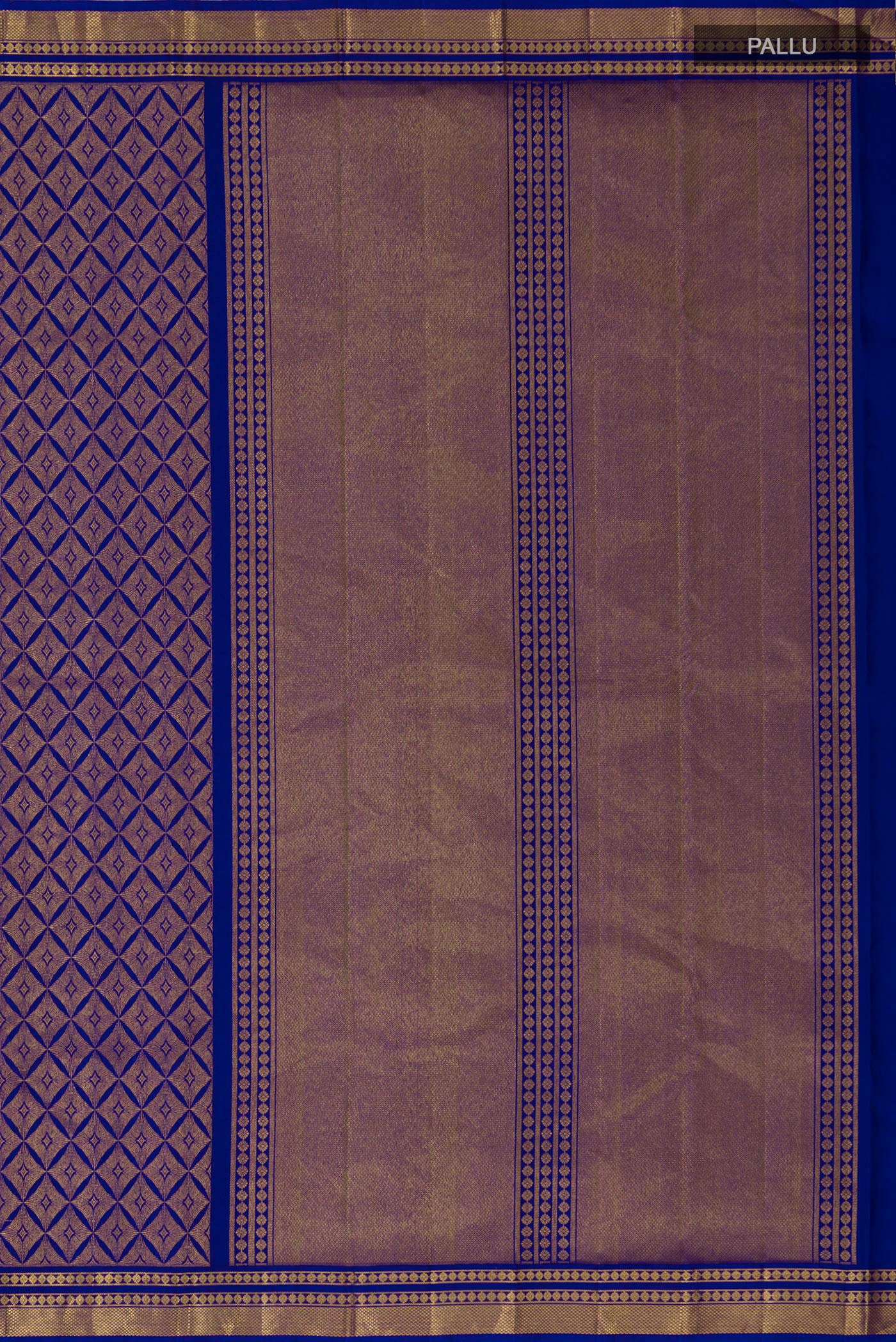 Close up image of the pallu of Handwoven in pure mulberry silk with half-fine gold and silver zari, this blue Kanjeevaram saree celebrates the harmony of line and light. A refined checkered pattern, formed by intersecting gold zari lines, unfolds across the body and continues into the radiant gold pallu. Framed by two broad gold bands separated by a slender gold stripe, the border lends the weave timeless balance and elegance.