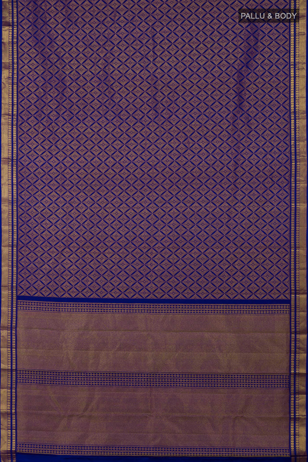 Flat view of Handwoven in pure mulberry silk with half-fine gold and silver zari, this blue Kanjeevaram saree celebrates the harmony of line and light. A refined checkered pattern, formed by intersecting gold zari lines, unfolds across the body and continues into the radiant gold pallu. Framed by two broad gold bands separated by a slender gold stripe, the border lends the weave timeless balance and elegance.