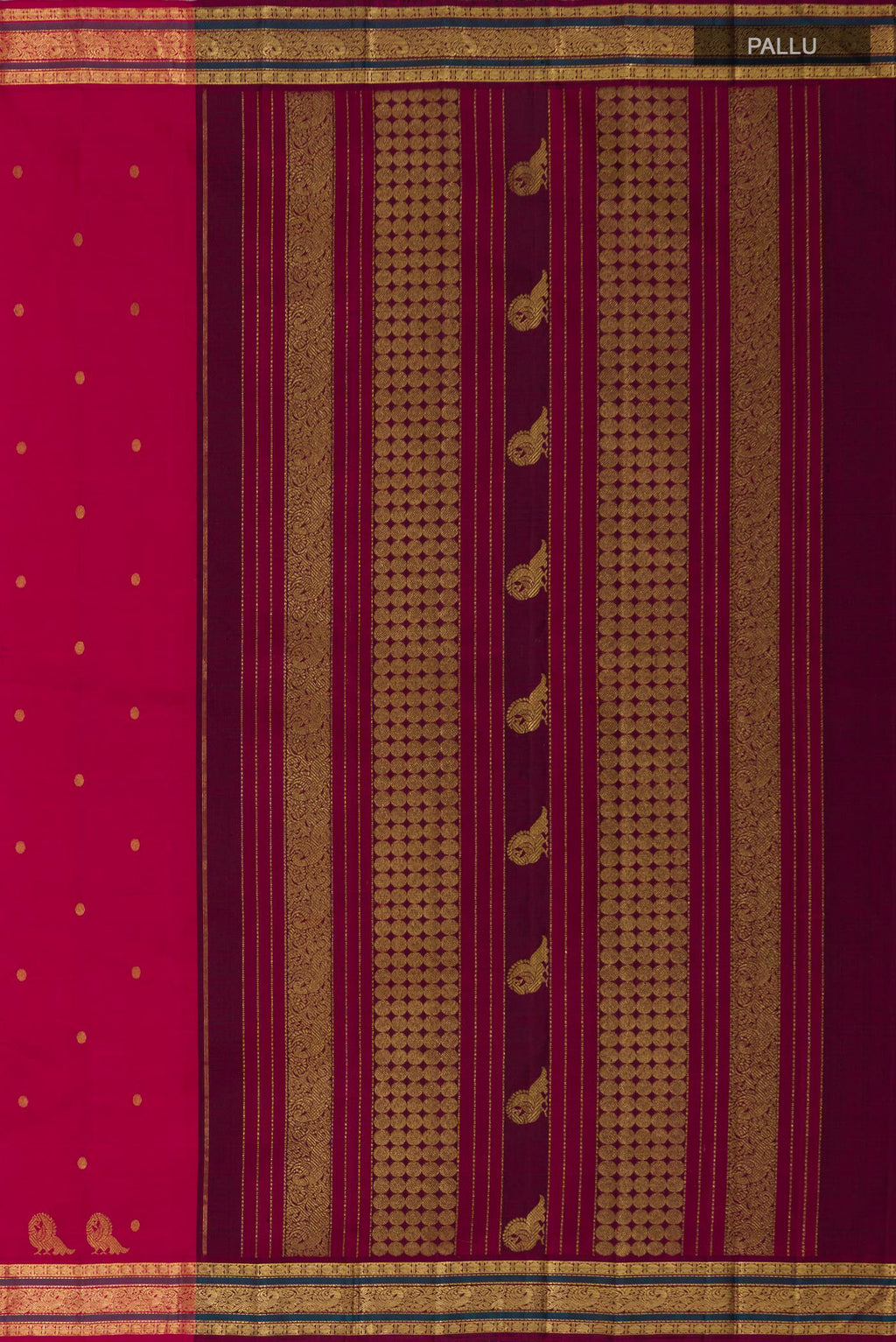 Close up image of the pallu of Aaradhya unfolds in a vibrant scarlet red, adorned with delicate rudraksh butas that bring depth and rhythm to the weave. The 3-inch borders feature mayil zari pet and rudraksh pet framed by contrasting silk bands. Along the lower border, graceful mayils with unfurled wings create a striking visual detail. The pallu is highlighted by a distinctive grid pattern accented with vibrant green bands