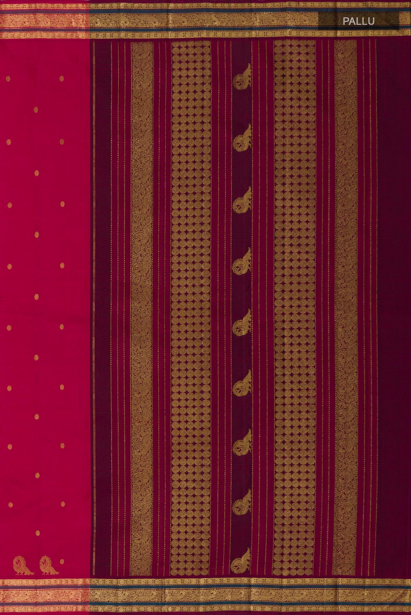 Close up image of the pallu of Aaradhya unfolds in a vibrant scarlet red, adorned with delicate rudraksh butas that bring depth and rhythm to the weave. The 3-inch borders feature mayil zari pet and rudraksh pet framed by contrasting silk bands. Along the lower border, graceful mayils with unfurled wings create a striking visual detail. The pallu is highlighted by a distinctive grid pattern accented with vibrant green bands