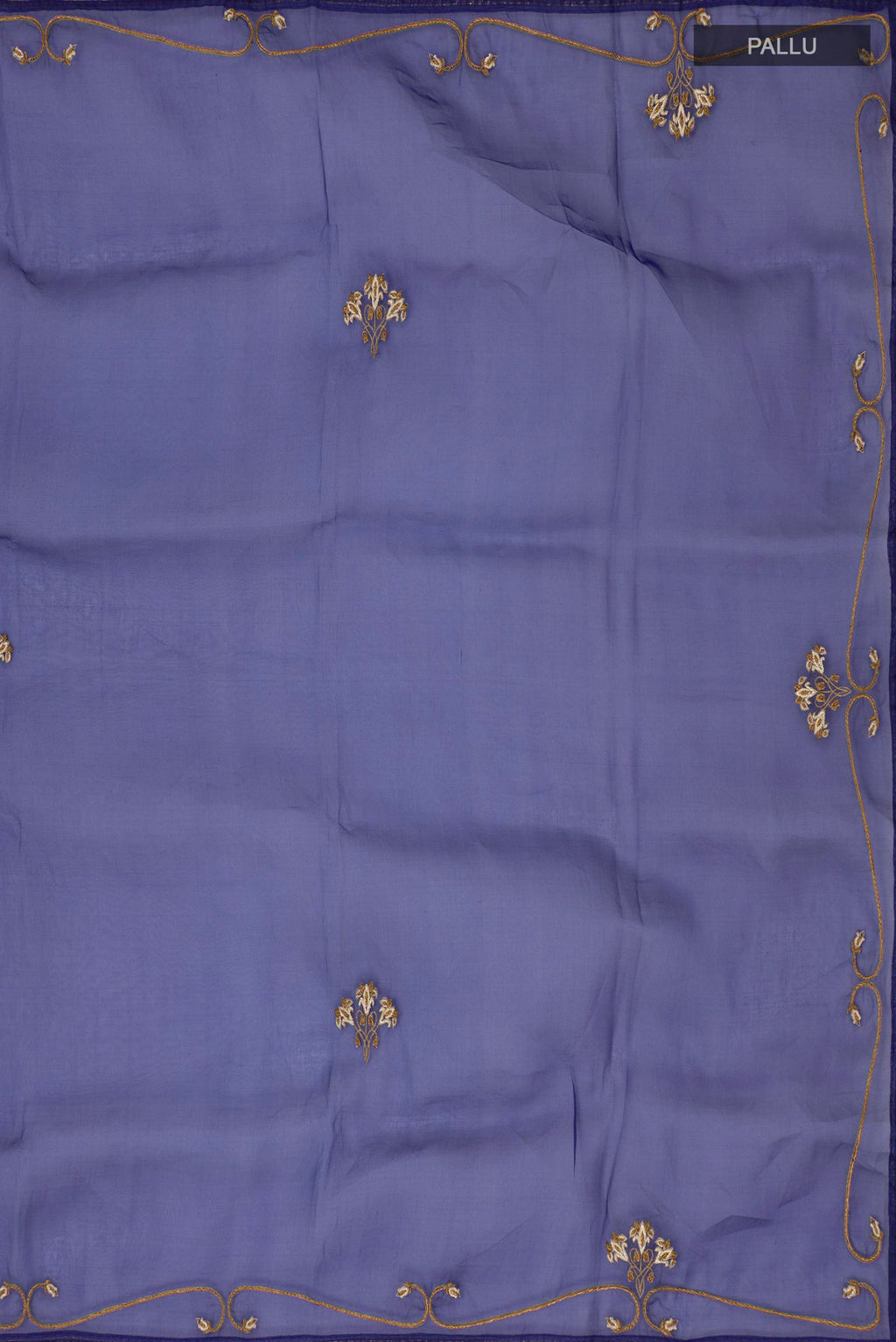 Close up image of the pallu of Blue Organza Silk Saree with Embroidery on the body and Embroidery Border